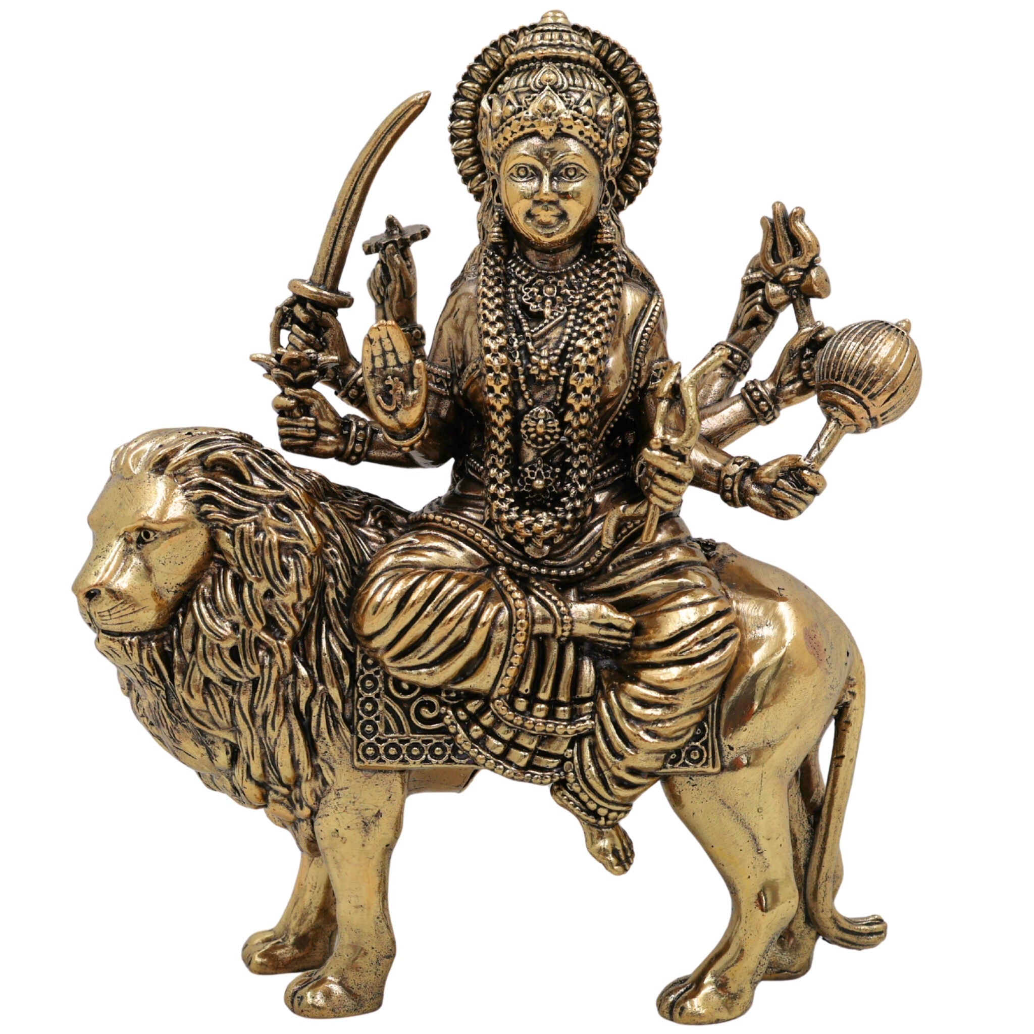 Brass Durga Idol, Maa Durga Murti, Bhagwati Vigraha, Ambika Pratima, Handcrafted Temple Statue for Pooja & Home Decor, Gold, 4.5 Inch, 1 Piece