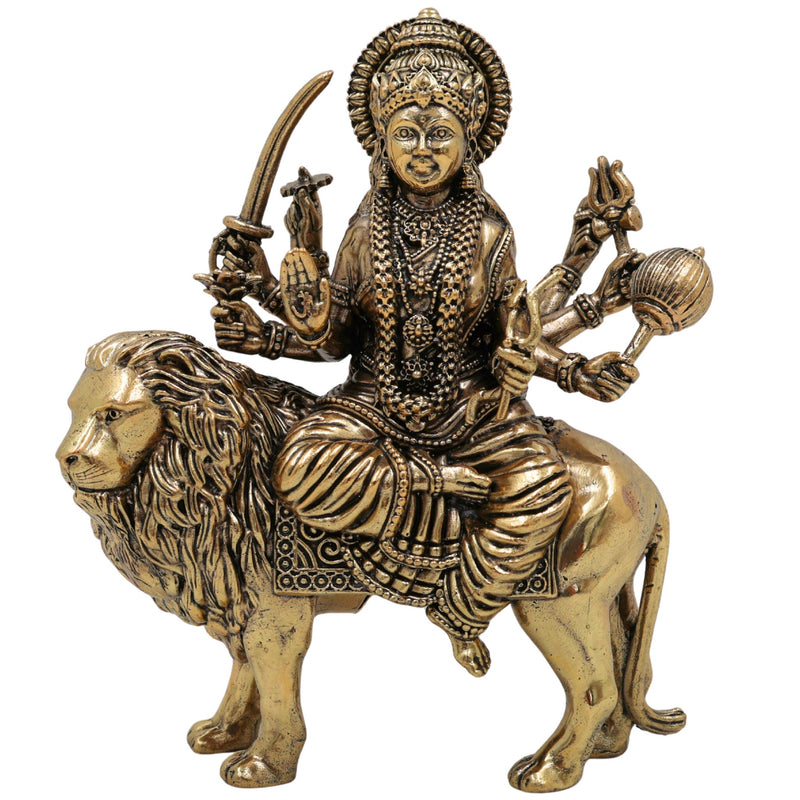 Brass Durga Idol, Maa Durga Murti, Bhagwati Vigraha, Ambika Pratima, Handcrafted Temple Statue for Pooja & Home Decor, Gold, 4.5 Inch, 1 Piece