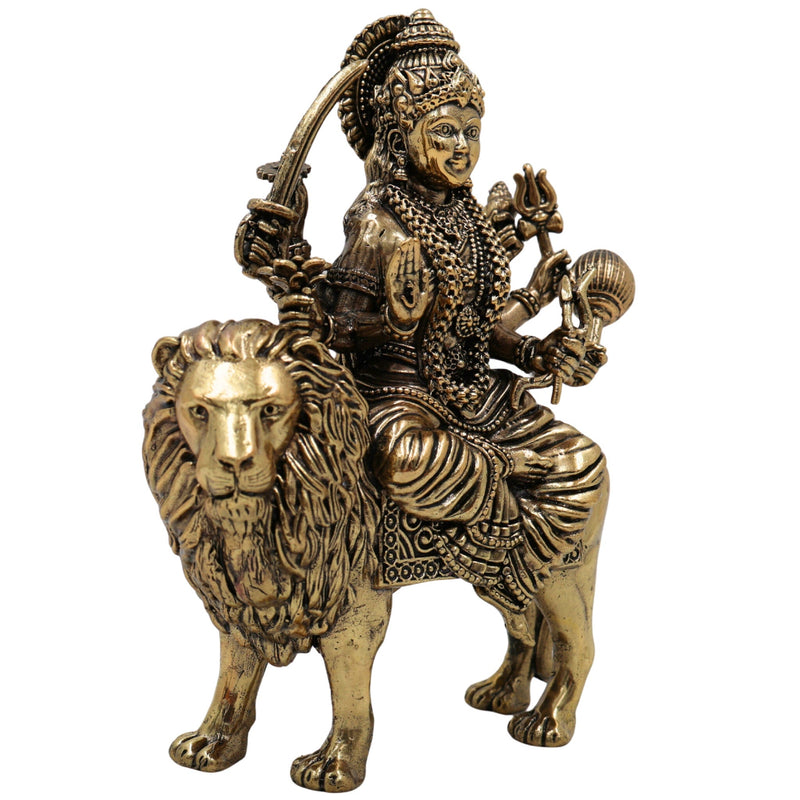 Brass Durga Idol, Maa Durga Murti, Bhagwati Vigraha, Ambika Pratima, Handcrafted Temple Statue for Pooja & Home Decor, Gold, 4.5 Inch, 1 Piece