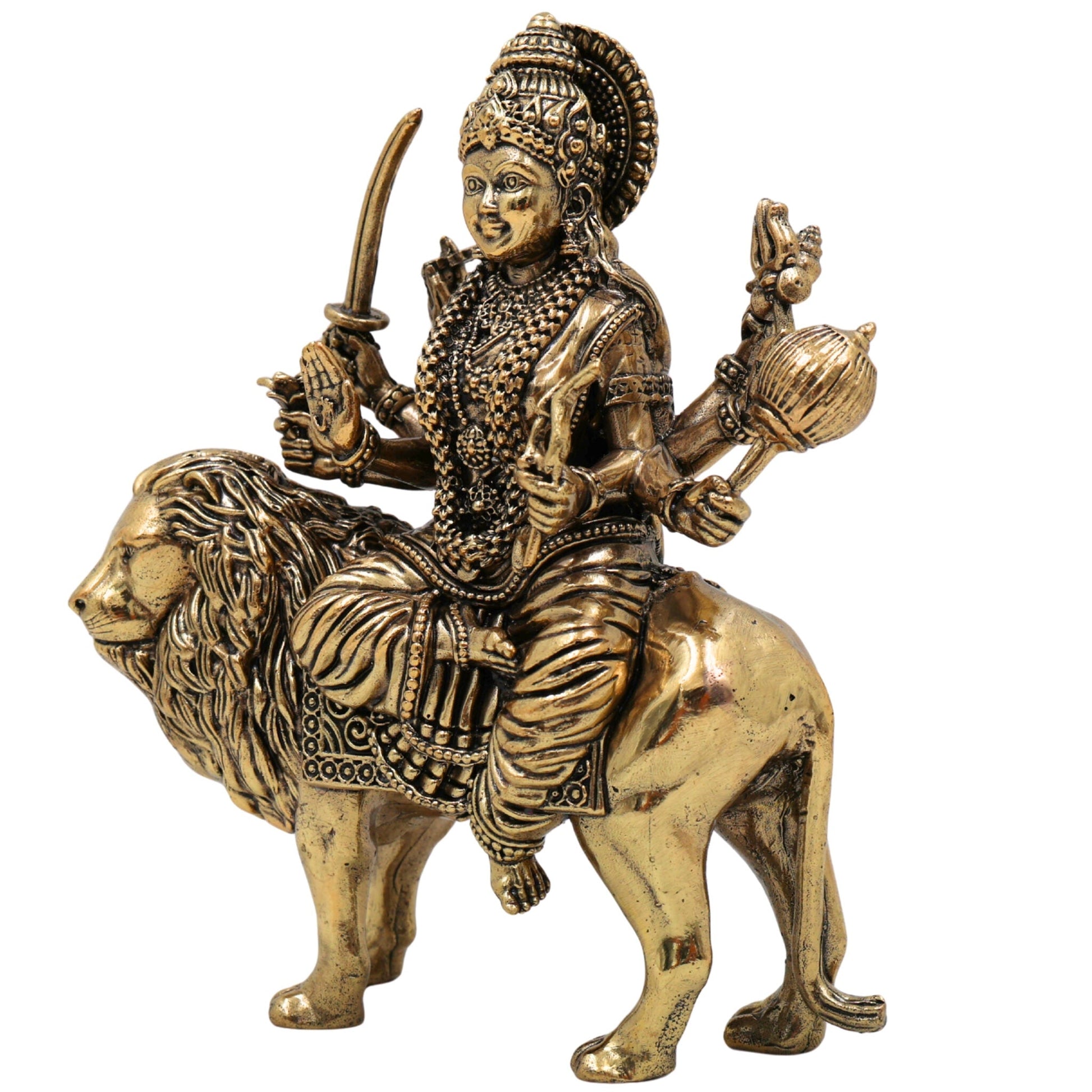 Brass Durga Idol, Maa Durga Murti, Bhagwati Vigraha, Ambika Pratima, Handcrafted Temple Statue for Pooja & Home Decor, Gold, 4.5 Inch, 1 Piece