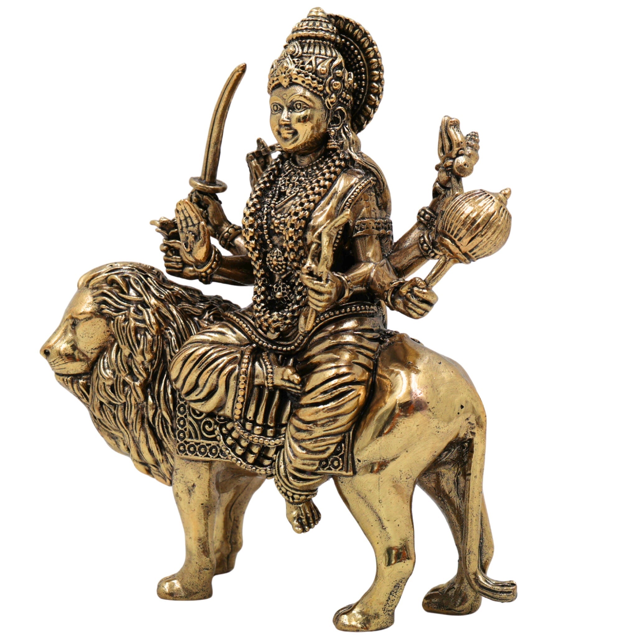 Brass Durga Idol, Maa Durga Murti, Bhagwati Vigraha, Ambika Pratima, Handcrafted Temple Statue for Pooja & Home Decor, Gold, 4.5 Inch, 1 Piece