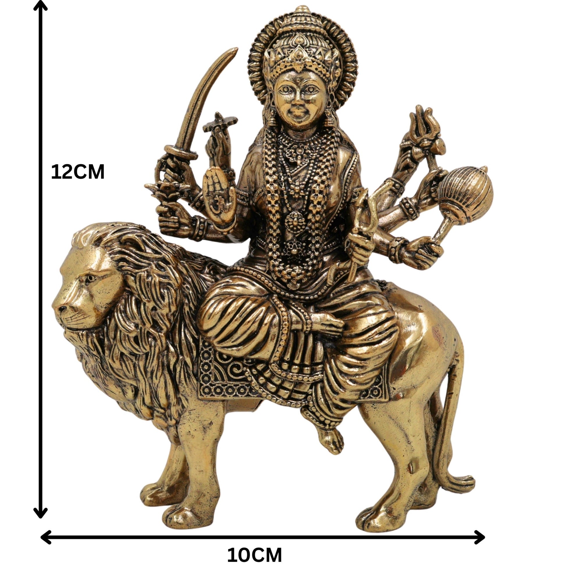 Brass Durga Idol, Maa Durga Murti, Bhagwati Vigraha, Ambika Pratima, Handcrafted Temple Statue for Pooja & Home Decor, Gold, 4.5 Inch, 1 Piece