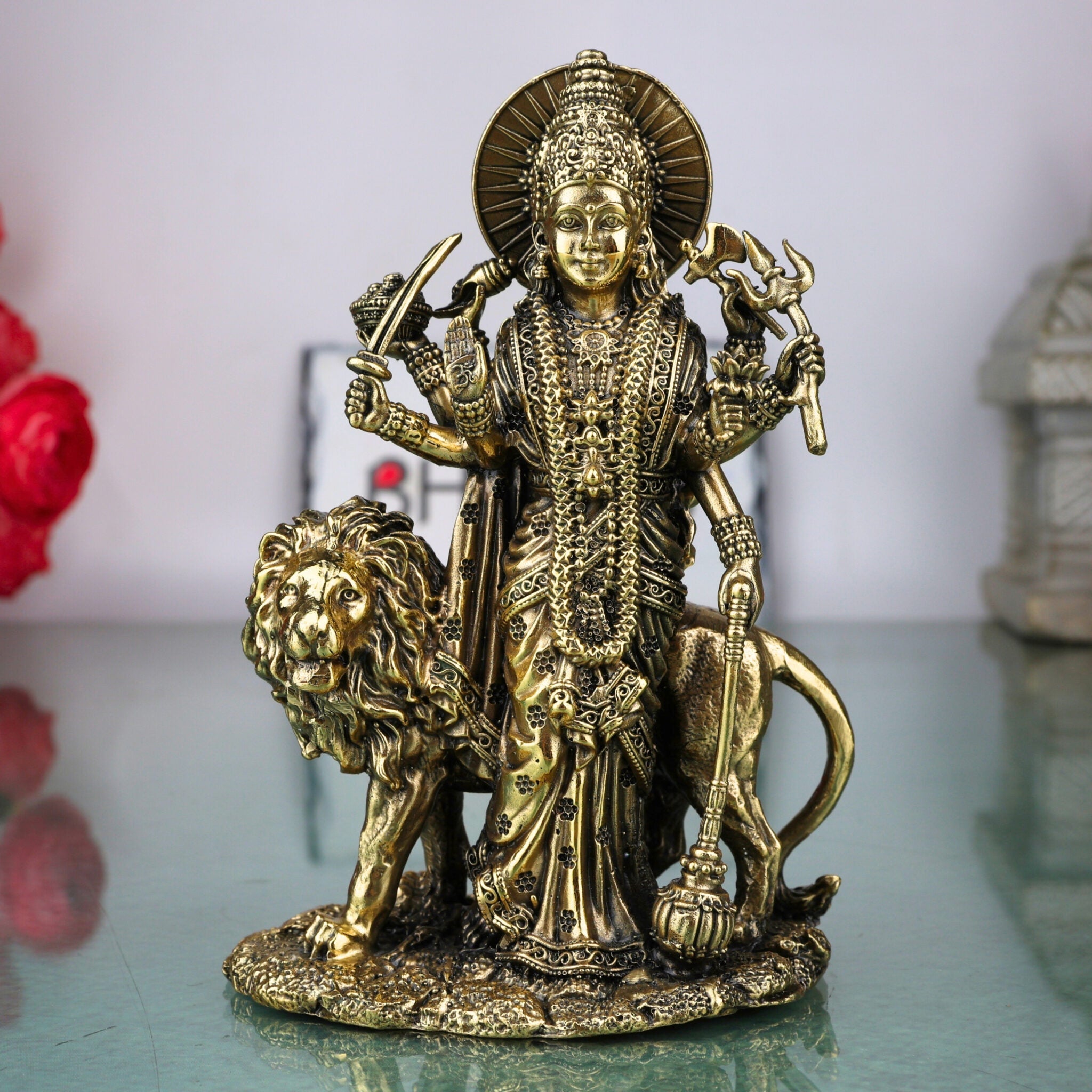 Brass Durga Idol, Maa Durga Murti, Bhagwati Statue, Mahishasuramardini Vigraha, Pooja Pratima for Home Decor & Temple, Gold, 4.5 Inch, 1 Piece
