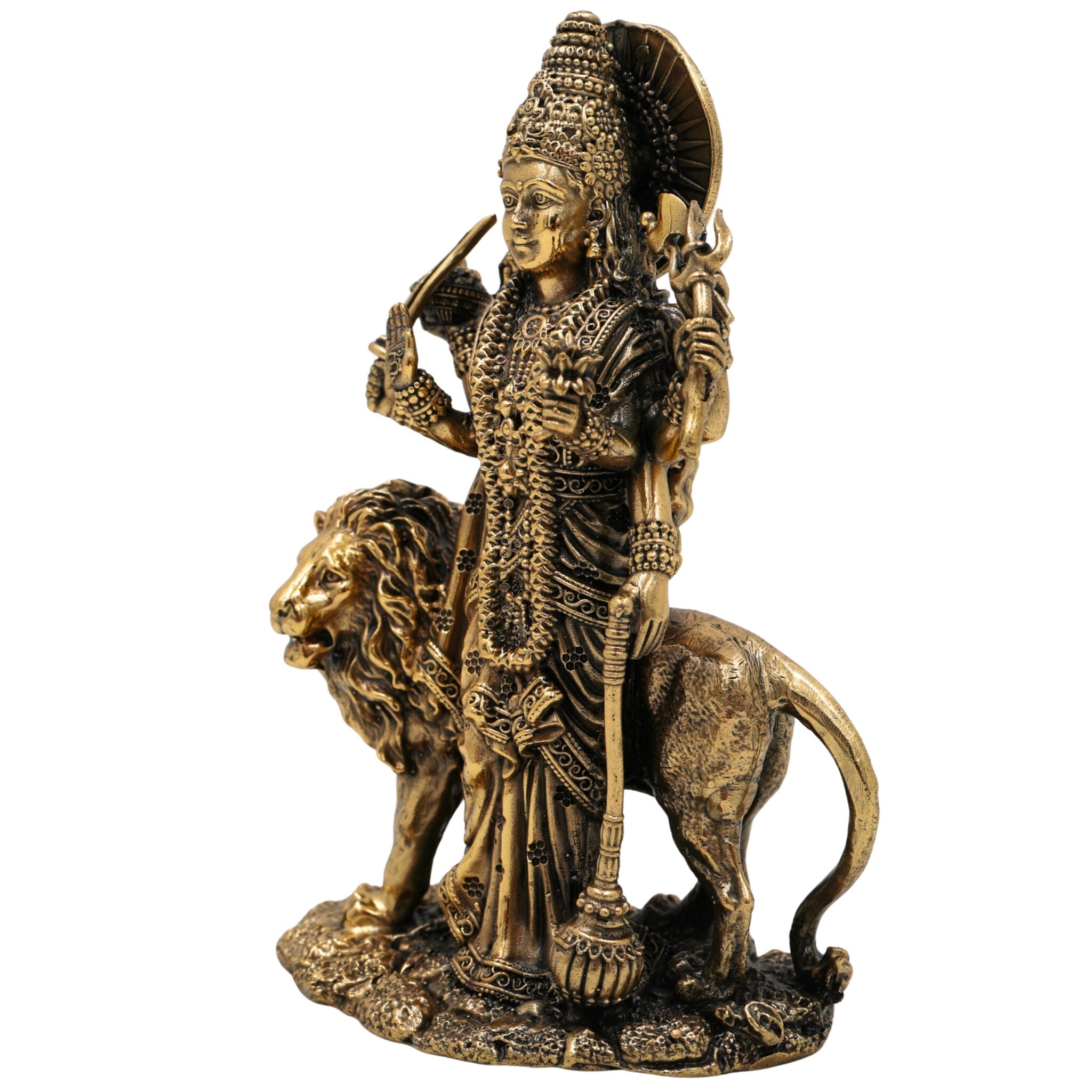 Brass Durga Idol, Maa Durga Murti, Bhagwati Statue, Mahishasuramardini Vigraha, Pooja Pratima for Home Decor & Temple, Gold, 4.5 Inch, 1 Piece