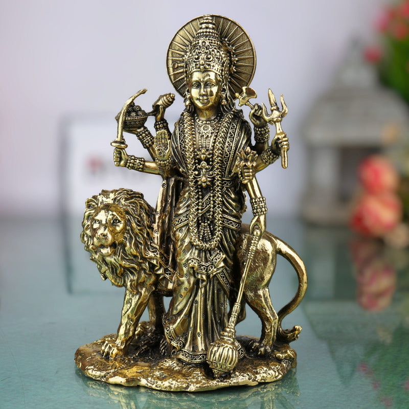 Brass Handcrafted Durga Idol, Maa Durga Murti, Bhagwati Statue, Mahishasuramardini Vigraha for Pooja, Home Decor & Temple Showpiece, Gold, 6 Inch, 1 Piece