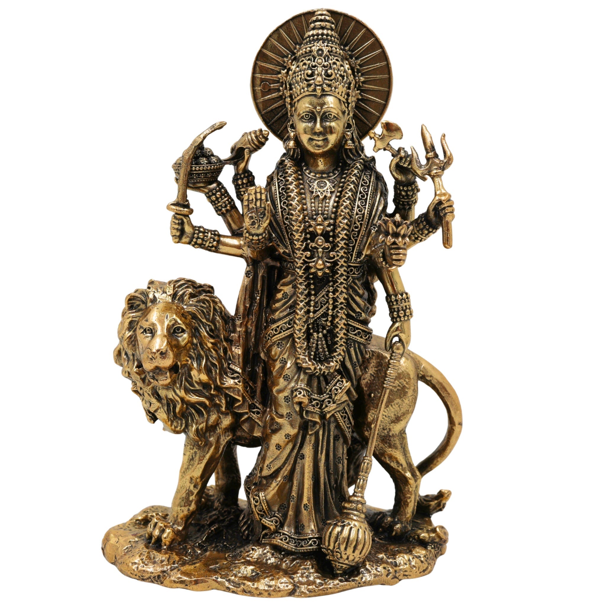 Brass Handcrafted Durga Idol, Maa Durga Murti, Bhagwati Statue, Mahishasuramardini Vigraha for Pooja, Home Decor & Temple Showpiece, Gold, 6 Inch, 1 Piece