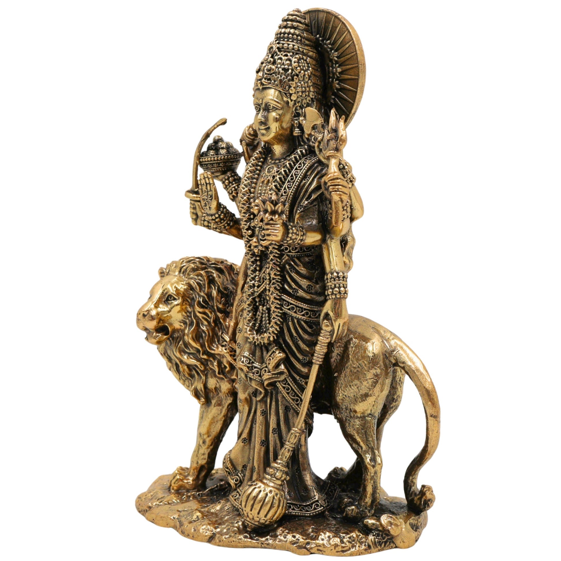 Brass Handcrafted Durga Idol, Maa Durga Murti, Bhagwati Statue, Mahishasuramardini Vigraha for Pooja, Home Decor & Temple Showpiece, Gold, 6 Inch, 1 Piece