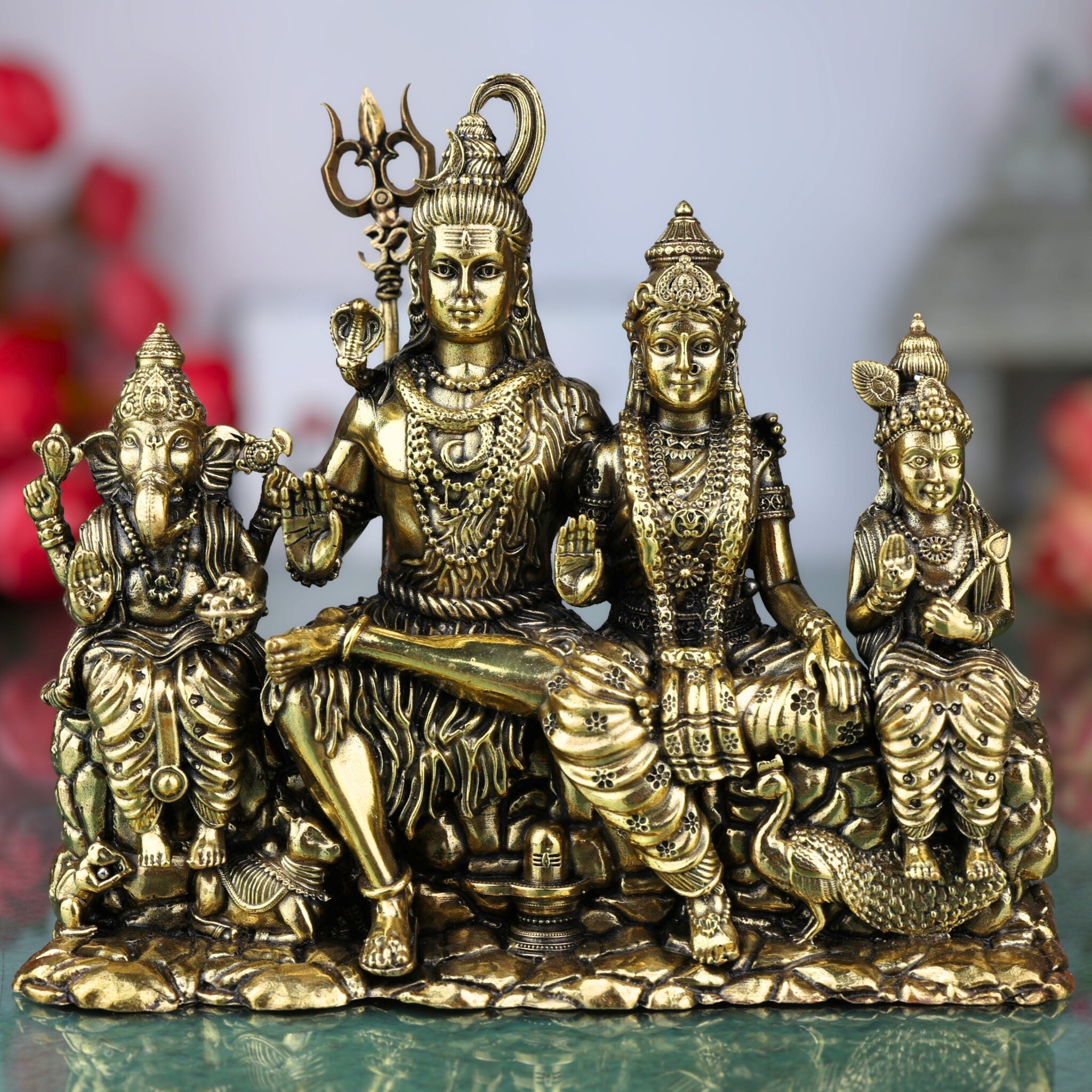 Brass Shiva Parivar Idol Shiv Parvati Murti Pital Family Statue Hindu God Sculpture for Home Mandir Temple Pooja Room Decor Showpiece Gift, Gold, 5 Inch, 1 Piece