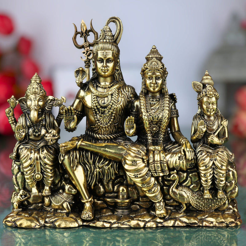 Brass Shiva Parivar Idol Shiv Parvati Murti Pital Family Statue Hindu God Sculpture for Home Mandir Temple Pooja Room Decor Showpiece Gift, Gold, 5 Inch, 1 Piece