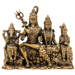 Brass Shiva Parivar Idol Shiv Parvati Murti Pital Family Statue Hindu God Sculpture for Home Mandir Temple Pooja Room Decor Showpiece Gift, Gold, 5 Inch, 1 Piece