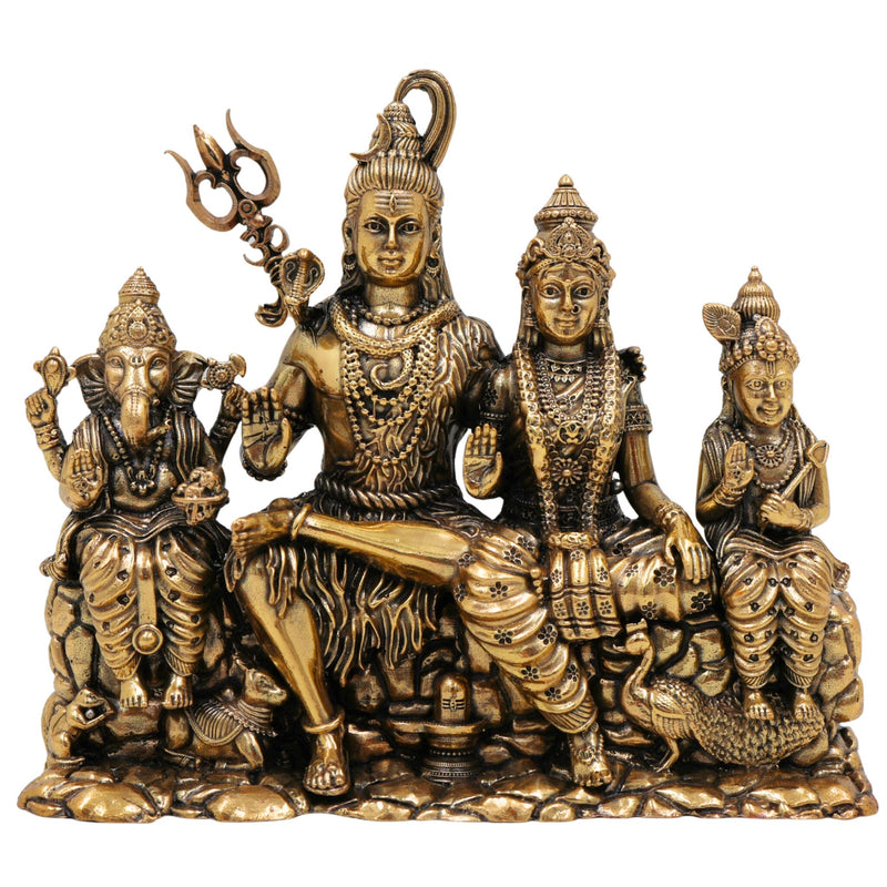 Brass Shiva Parivar Idol Shiv Parvati Murti Pital Family Statue Hindu God Sculpture for Home Mandir Temple Pooja Room Decor Showpiece Gift, Gold, 5 Inch, 1 Piece