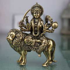 Brass Handcrafted Durga Idol, Maa Durga Murti, Shakti Statue, Bhavani, Mahishasuramardini, Pooja Sculpture, Home Temple Decor, Gold, 4 Inch, 1 Piece