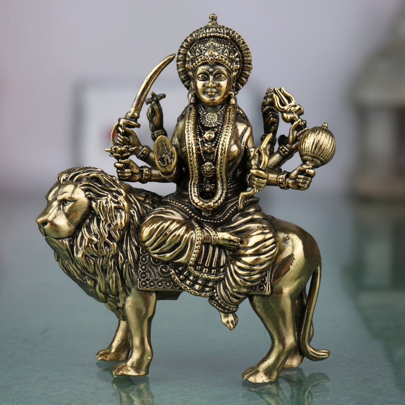 Brass Handcrafted Durga Idol, Maa Durga Murti, Shakti Statue, Bhavani, Mahishasuramardini, Pooja Sculpture, Home Temple Decor, Gold, 4 Inch, 1 Piece