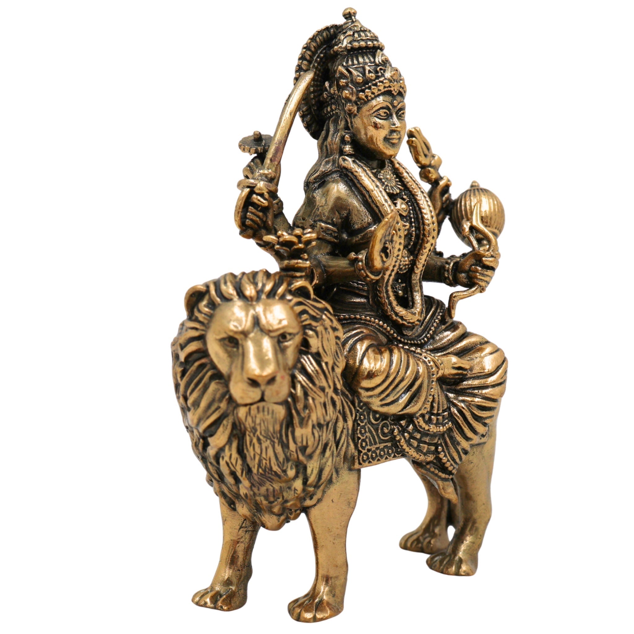 Brass Handcrafted Durga Idol, Maa Durga Murti, Shakti Statue, Bhavani, Mahishasuramardini, Pooja Sculpture, Home Temple Decor, Gold, 4 Inch, 1 Piece