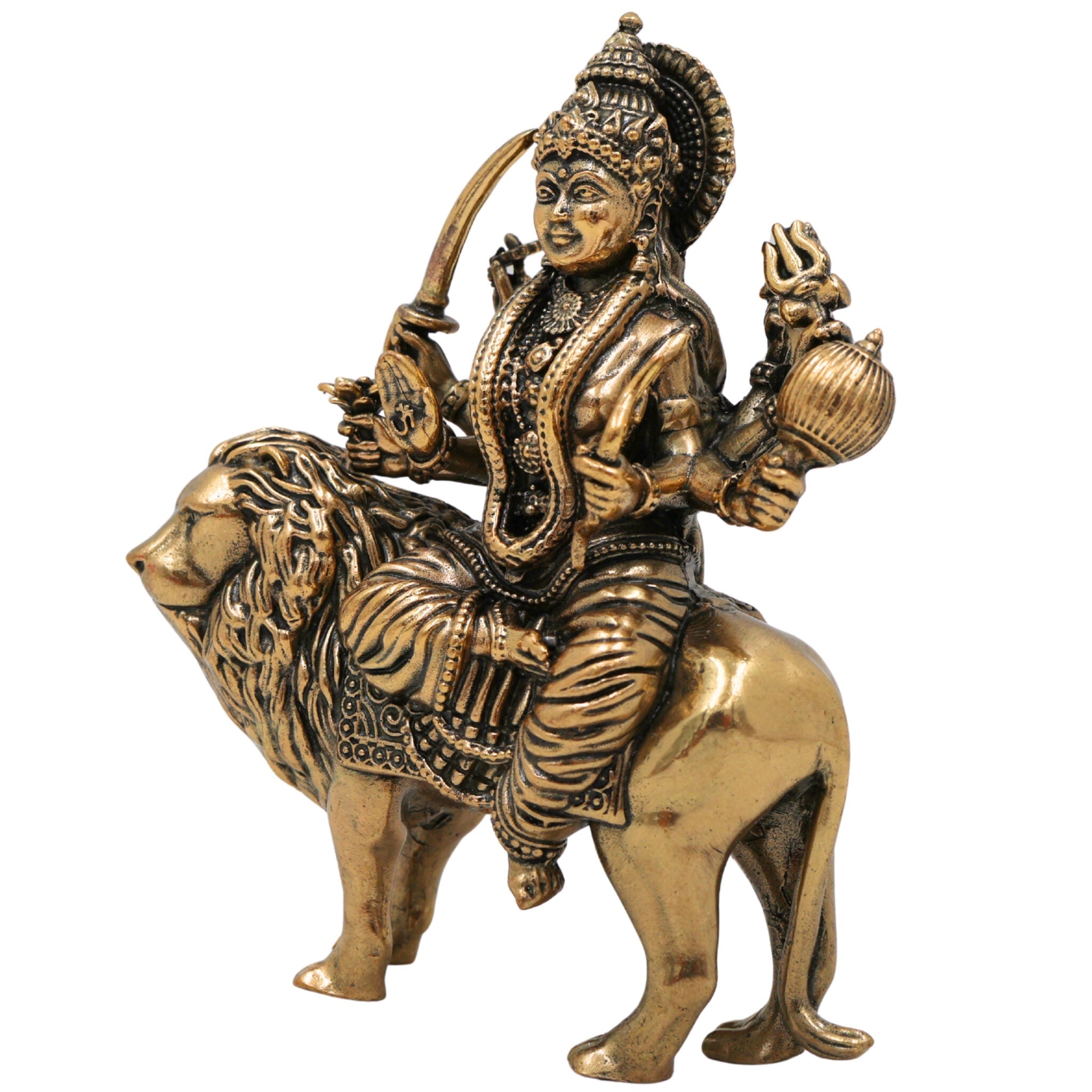 Brass Handcrafted Durga Idol, Maa Durga Murti, Shakti Statue, Bhavani, Mahishasuramardini, Pooja Sculpture, Home Temple Decor, Gold, 4 Inch, 1 Piece