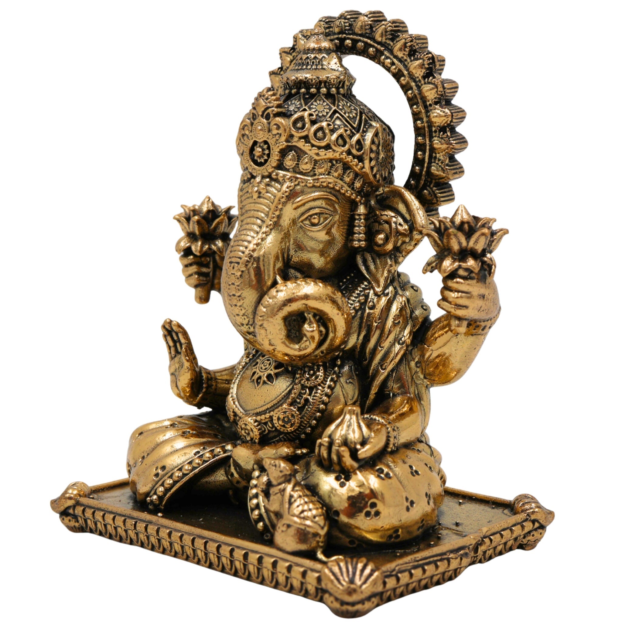 Brass Ganesha Idol Ganapati Vinayaka Murti Vighnaharta Ganesh Statue for Pooja Mandir Home Decor Showpiece Spiritual Gift Sculpture, Gold, 4 Inch, 1 Piece