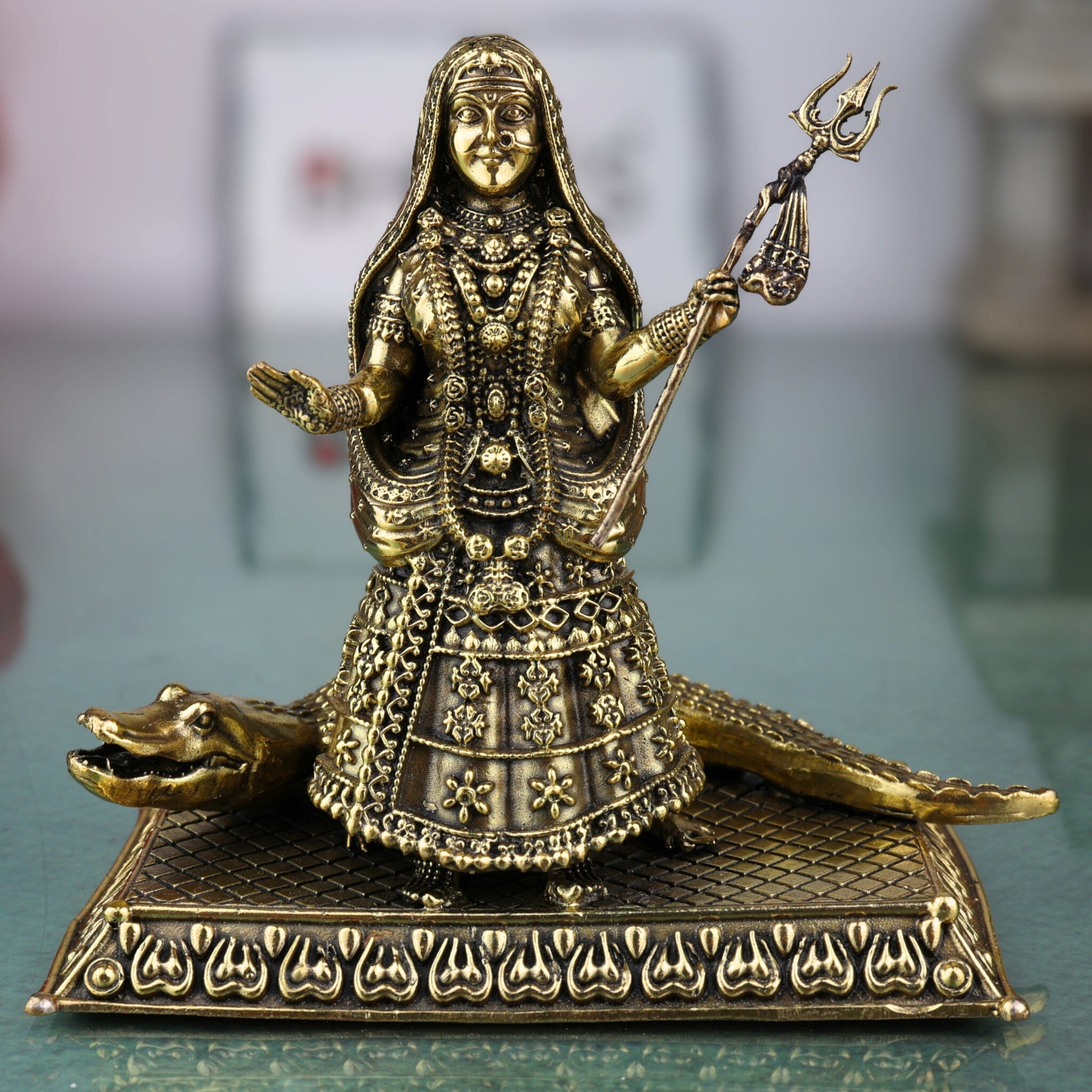 Brass Khodiyar Mata Idol, Handcrafted Murti / Vigraha for Home Pooja, Temple Decor, Janbai Khodal Trishuldhari Maa Sculpture, Gold, 4.5 Inch, 1 Piece