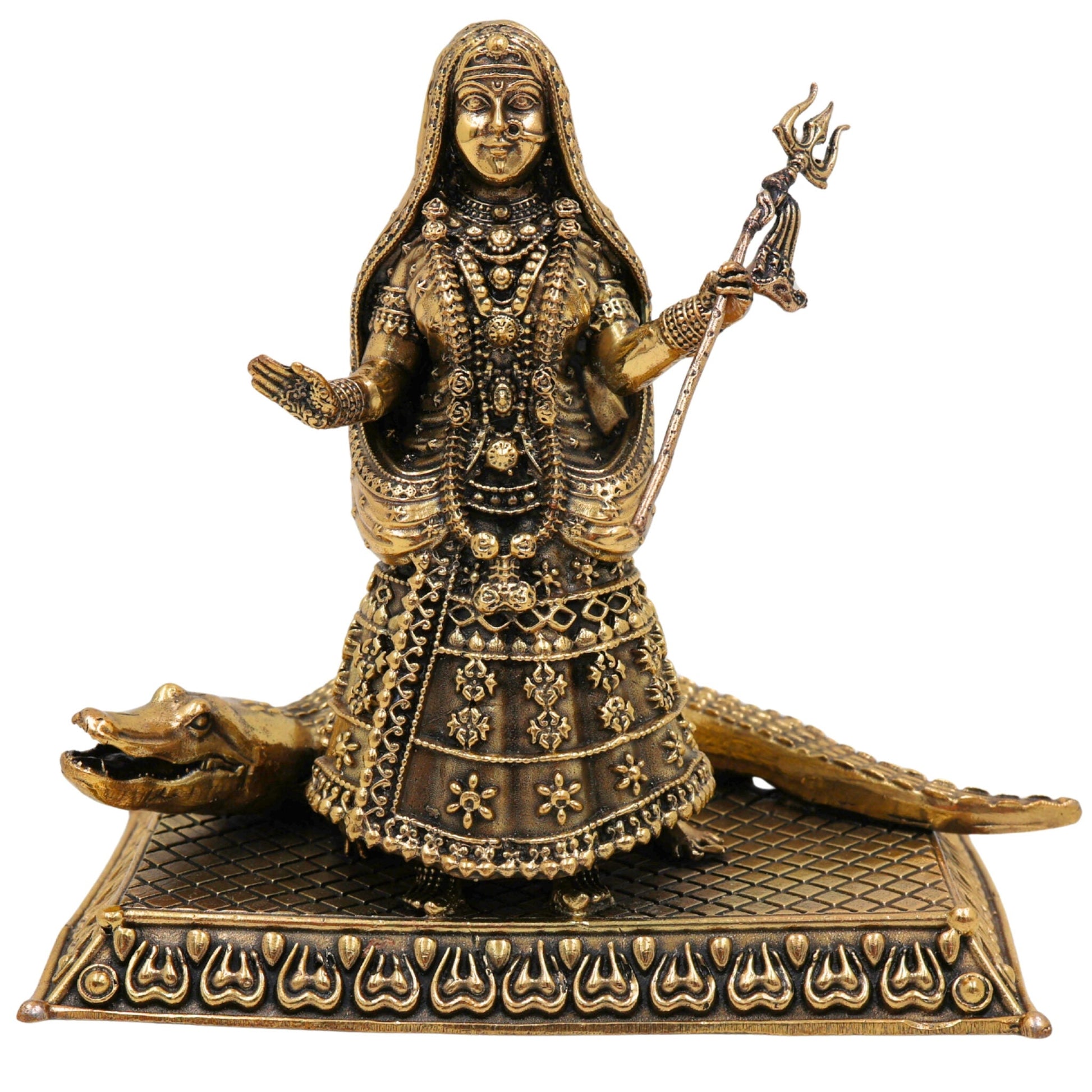 Brass Khodiyar Mata Idol, Handcrafted Murti / Vigraha for Home Pooja, Temple Decor, Janbai Khodal Trishuldhari Maa Sculpture, Gold, 4.5 Inch, 1 Piece