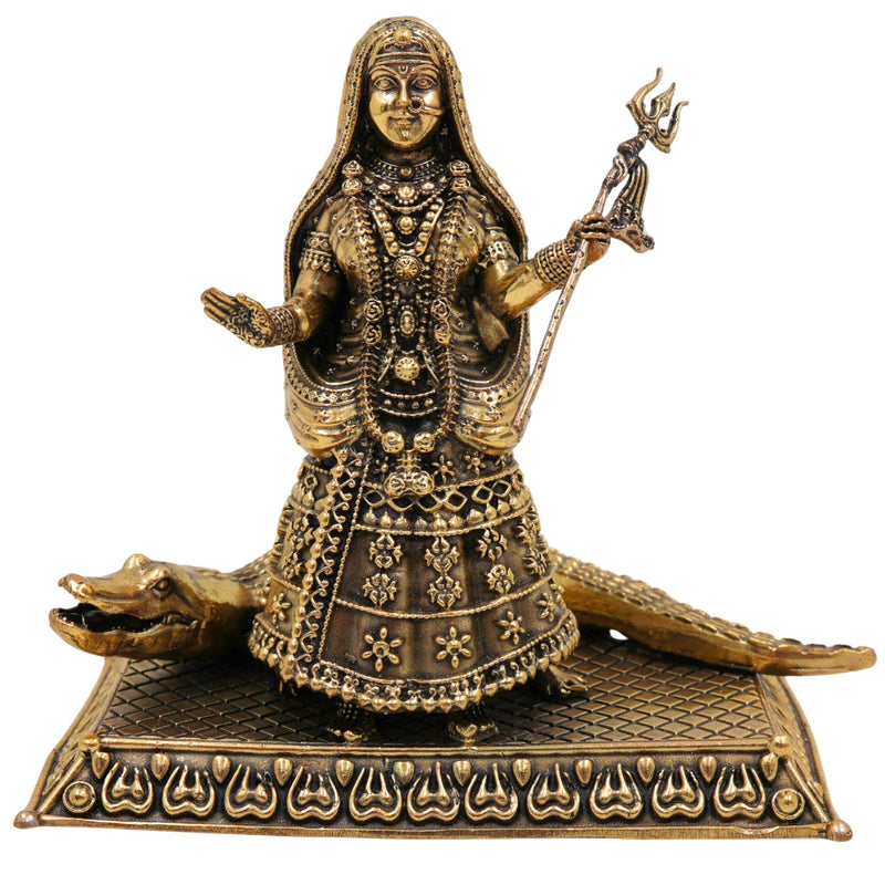 Brass Khodiyar Mata Idol, Handcrafted Murti / Vigraha for Home Pooja, Temple Decor, Janbai Khodal Trishuldhari Maa Sculpture, Gold, 4.5 Inch, 1 Piece