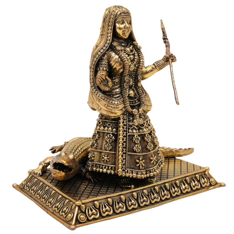 Brass Khodiyar Mata Idol, Handcrafted Murti / Vigraha for Home Pooja, Temple Decor, Janbai Khodal Trishuldhari Maa Sculpture, Gold, 4.5 Inch, 1 Piece