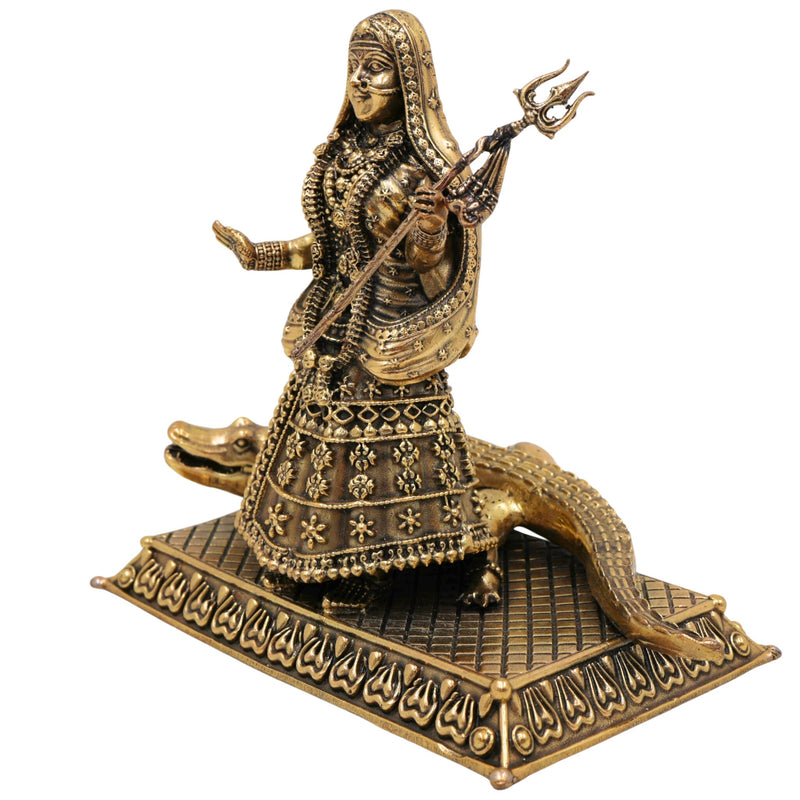 Brass Khodiyar Mata Idol, Handcrafted Murti / Vigraha for Home Pooja, Temple Decor, Janbai Khodal Trishuldhari Maa Sculpture, Gold, 4.5 Inch, 1 Piece