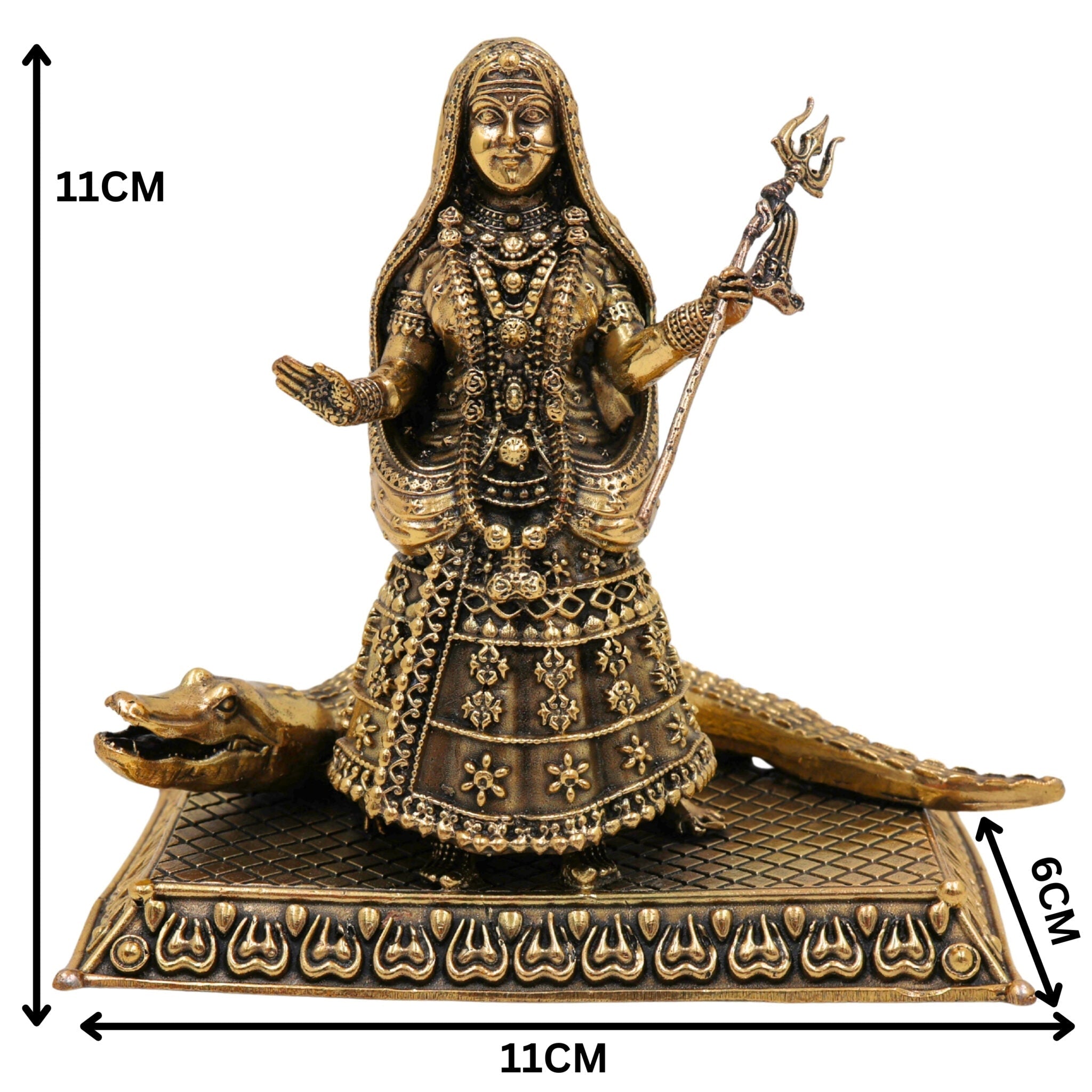 Brass Khodiyar Mata Idol, Handcrafted Murti / Vigraha for Home Pooja, Temple Decor, Janbai Khodal Trishuldhari Maa Sculpture, Gold, 4.5 Inch, 1 Piece