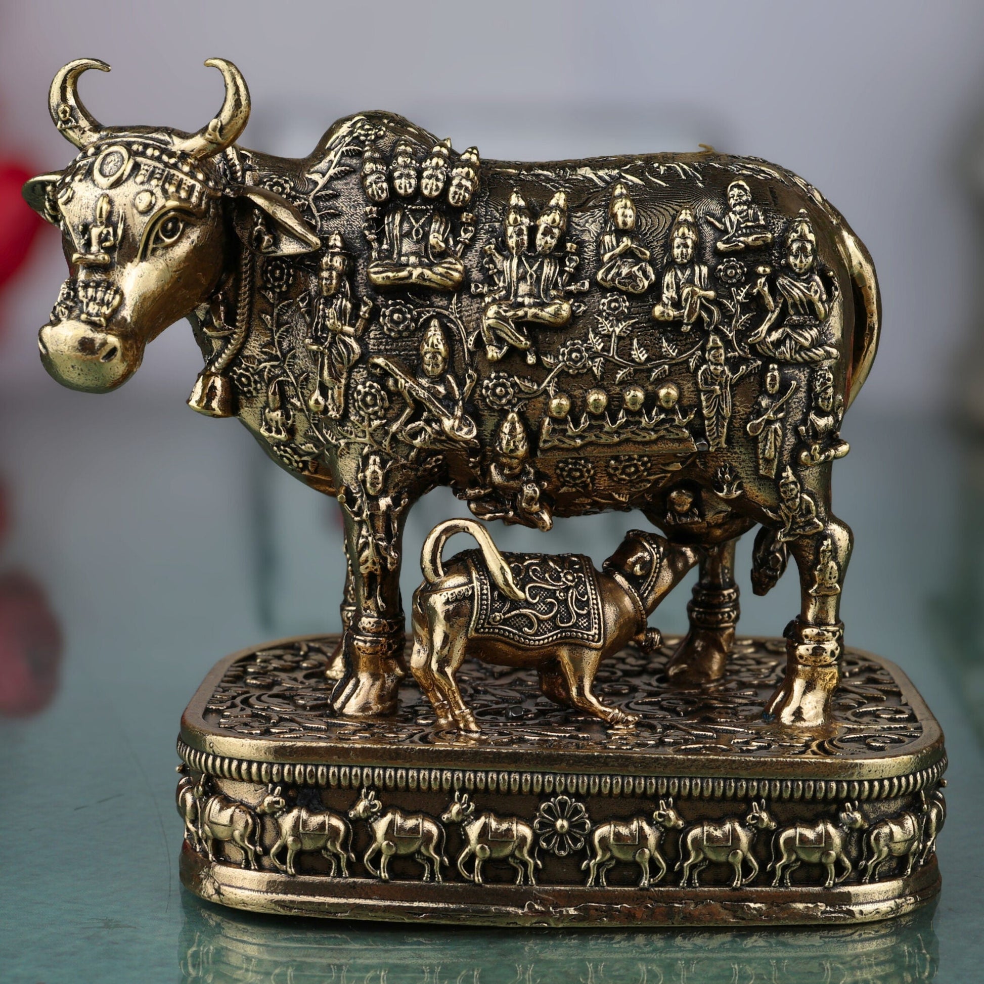 Brass Kamadhenu Idol, Surabhi Cow Murti, Gau Mata Statue, Handcrafted Pooja Murti, Miniature Divine Cow for Home & Temple Decor, Gold, 4.5 Inch, 1 Piece