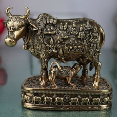 Brass Kamadhenu Idol, Surabhi Cow Murti, Gau Mata Statue, Handcrafted Pooja Murti, Miniature Divine Cow for Home & Temple Decor, Gold, 4.5 Inch, 1 Piece