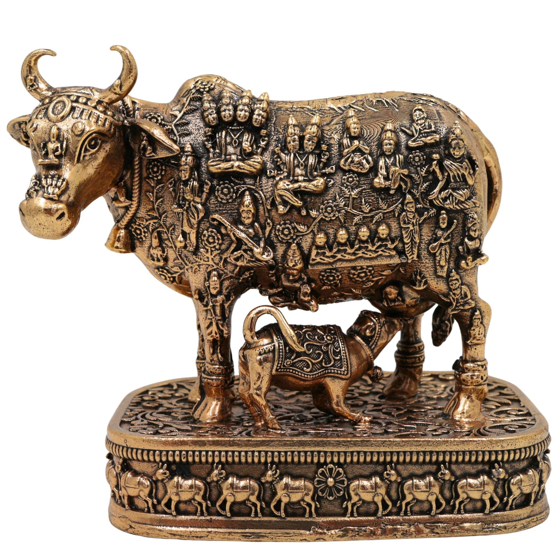 Brass Kamadhenu Idol, Surabhi Cow Murti, Gau Mata Statue, Handcrafted Pooja Murti, Miniature Divine Cow for Home & Temple Decor, Gold, 4.5 Inch, 1 Piece