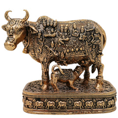 Brass Kamadhenu Idol, Surabhi Cow Murti, Gau Mata Statue, Handcrafted Pooja Murti, Miniature Divine Cow for Home & Temple Decor, Gold, 4.5 Inch, 1 Piece
