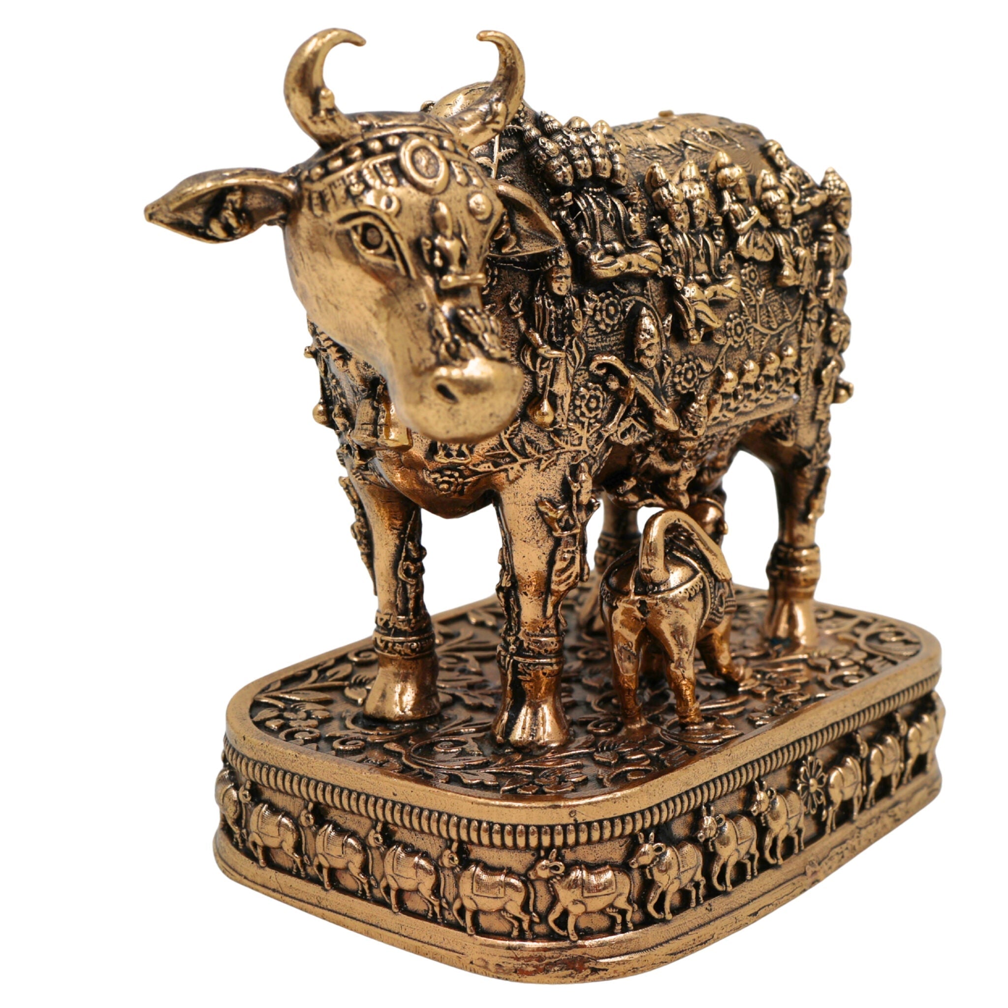 Brass Kamadhenu Idol, Surabhi Cow Murti, Gau Mata Statue, Handcrafted Pooja Murti, Miniature Divine Cow for Home & Temple Decor, Gold, 4.5 Inch, 1 Piece