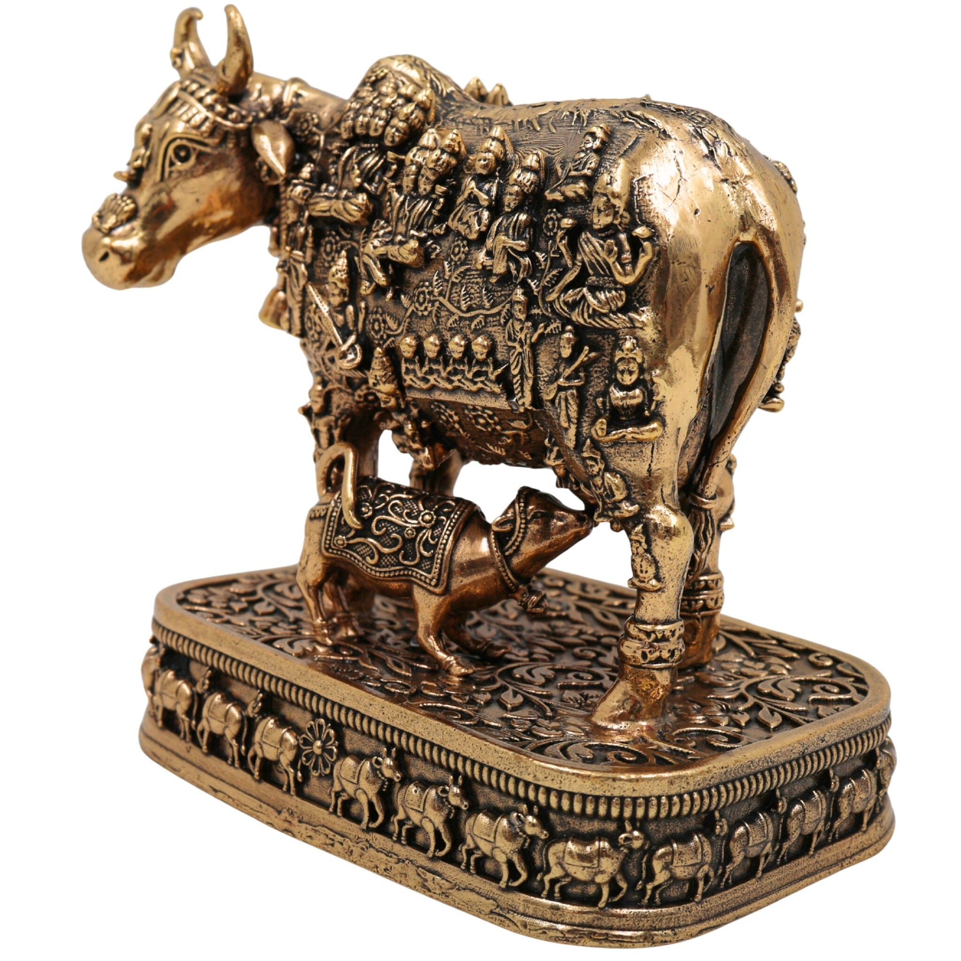Brass Kamadhenu Idol, Surabhi Cow Murti, Gau Mata Statue, Handcrafted Pooja Murti, Miniature Divine Cow for Home & Temple Decor, Gold, 4.5 Inch, 1 Piece