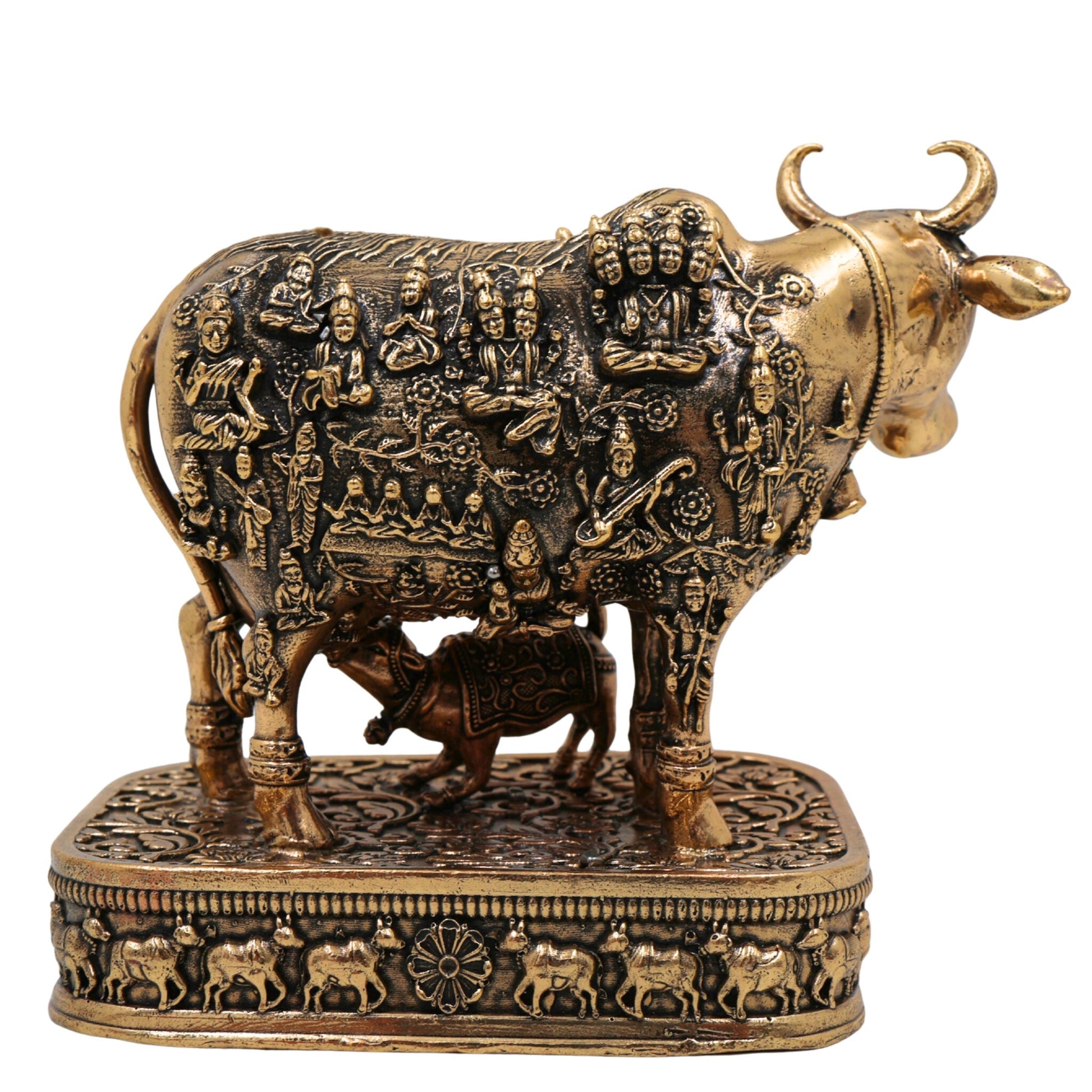Brass Kamadhenu Idol, Surabhi Cow Murti, Gau Mata Statue, Handcrafted Pooja Murti, Miniature Divine Cow for Home & Temple Decor, Gold, 4.5 Inch, 1 Piece