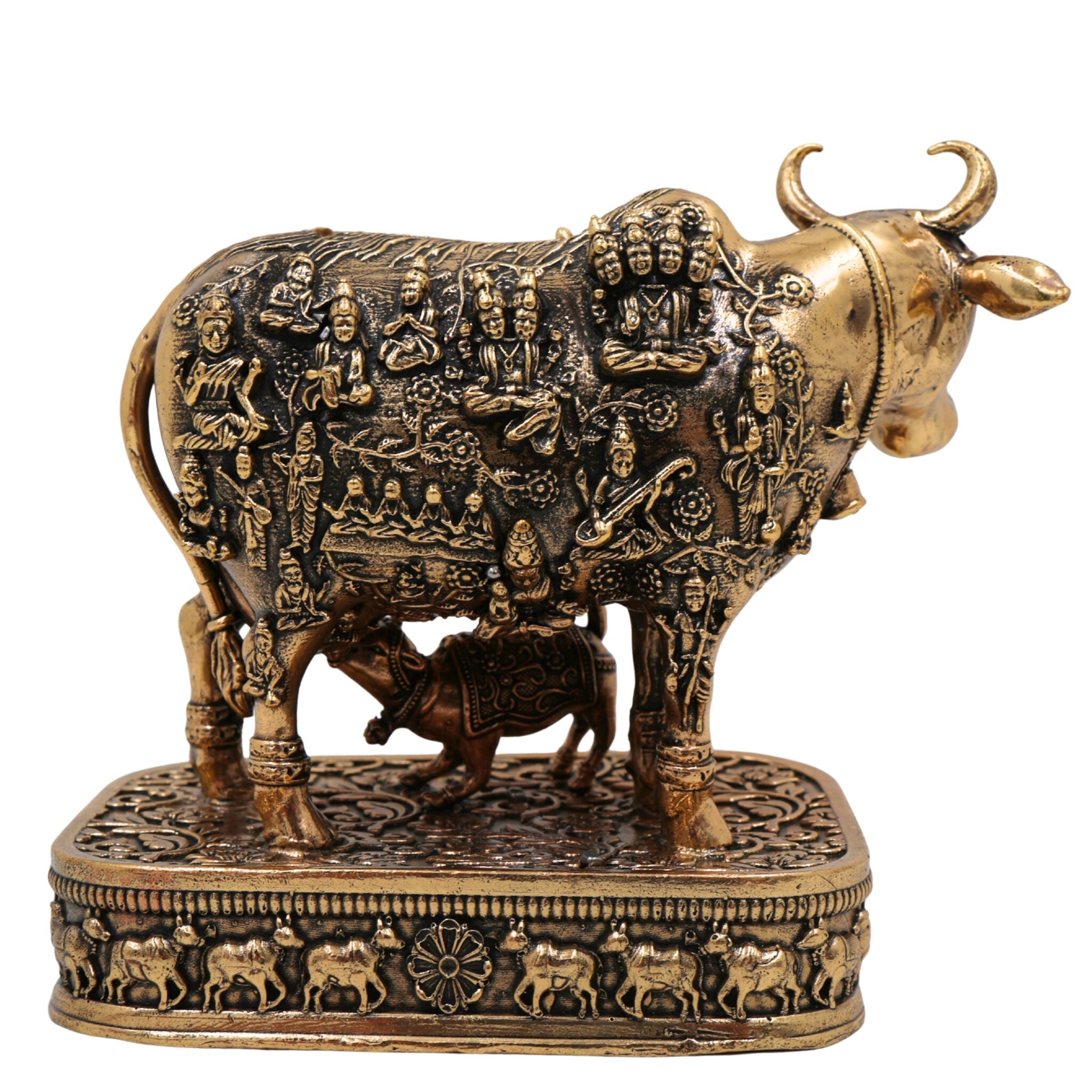 Brass Kamadhenu Idol, Surabhi Cow Murti, Gau Mata Statue, Handcrafted Pooja Murti, Miniature Divine Cow for Home & Temple Decor, Gold, 4.5 Inch, 1 Piece