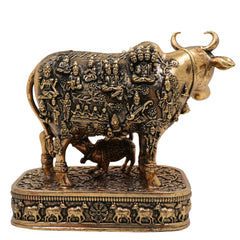 Brass Kamadhenu Idol, Surabhi Cow Murti, Gau Mata Statue, Handcrafted Pooja Murti, Miniature Divine Cow for Home & Temple Decor, Gold, 4.5 Inch, 1 Piece