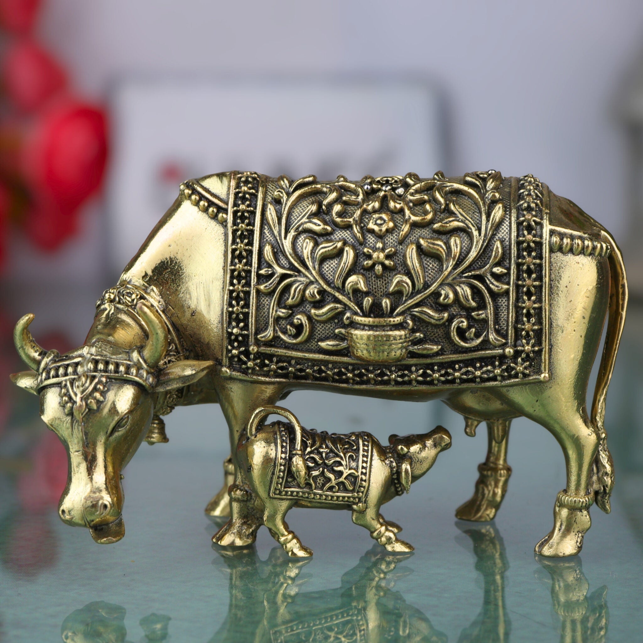 Brass Kamadhenu Idol, Surabhi Cow Murti, Divine Wish-Fulfilling Cow Statue, Gau Mata, Handcrafted Pooja & Home Decor Figurine, Gold, 2.5 Inch, 1 Piece