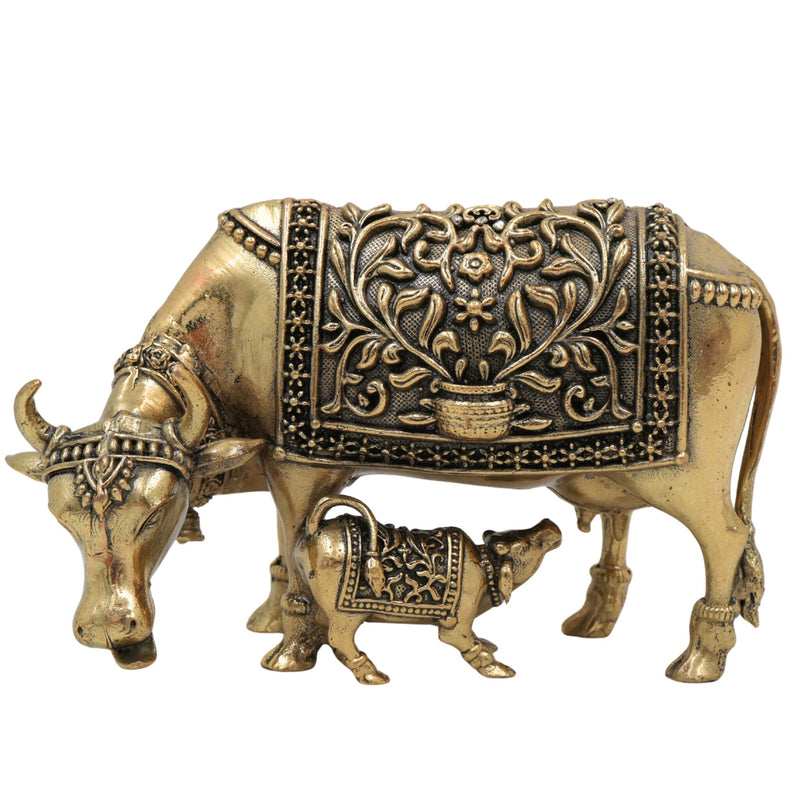 Brass Kamadhenu Idol, Surabhi Cow Murti, Divine Wish-Fulfilling Cow Statue, Gau Mata, Handcrafted Pooja & Home Decor Figurine, Gold, 2.5 Inch, 1 Piece
