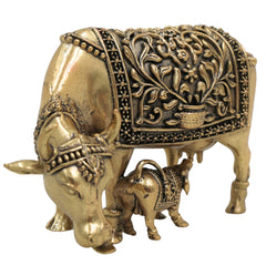 Brass Kamadhenu Idol, Surabhi Cow Murti, Divine Wish-Fulfilling Cow Statue, Gau Mata, Handcrafted Pooja & Home Decor Figurine, Gold, 2.5 Inch, 1 Piece