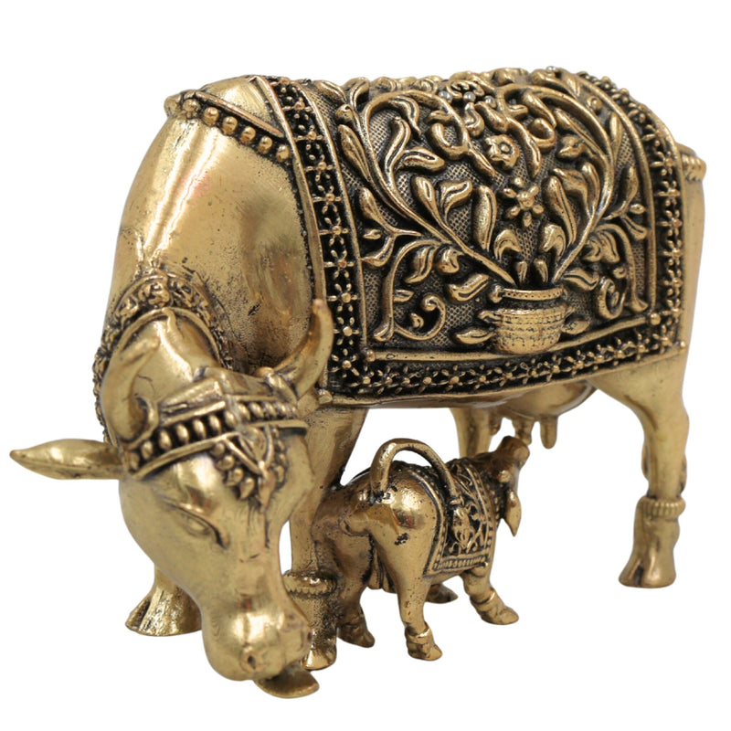 Brass Kamadhenu Idol, Surabhi Cow Murti, Divine Wish-Fulfilling Cow Statue, Gau Mata, Handcrafted Pooja & Home Decor Figurine, Gold, 2.5 Inch, 1 Piece
