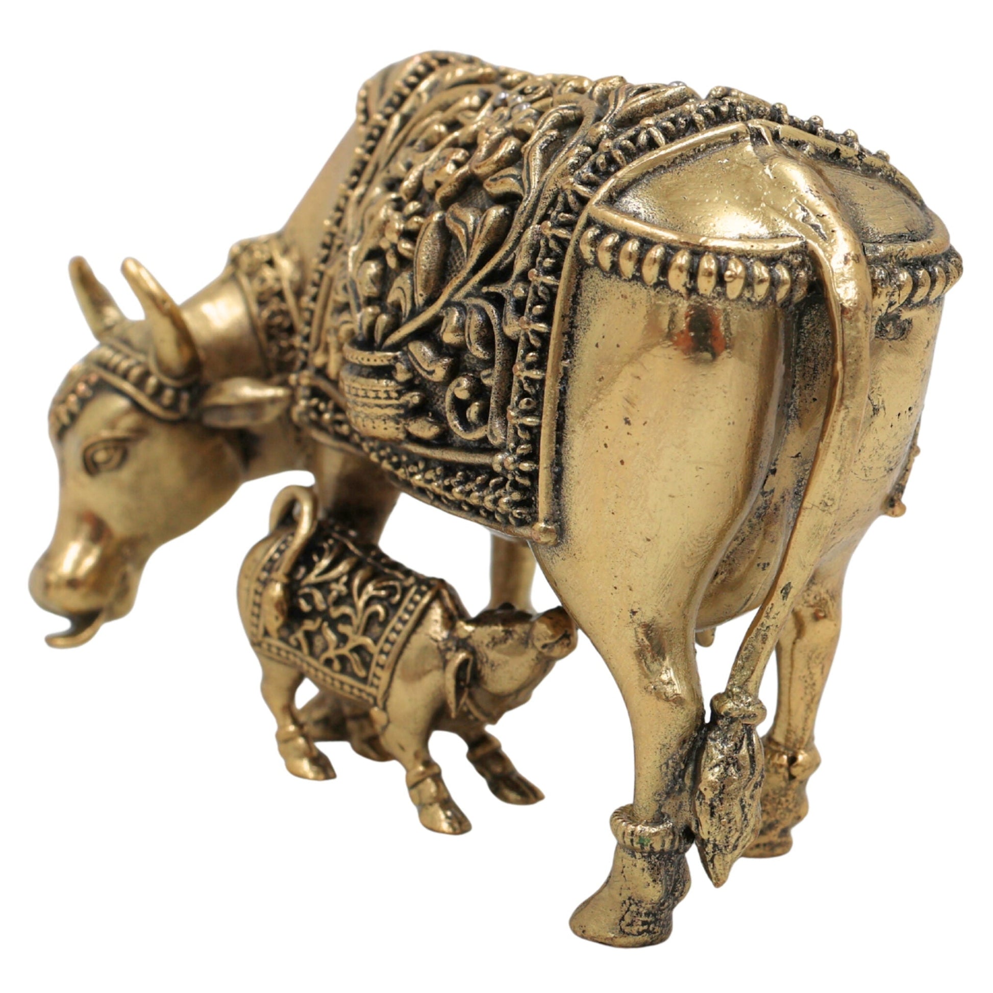 Brass Kamadhenu Idol, Surabhi Cow Murti, Divine Wish-Fulfilling Cow Statue, Gau Mata, Handcrafted Pooja & Home Decor Figurine, Gold, 2.5 Inch, 1 Piece