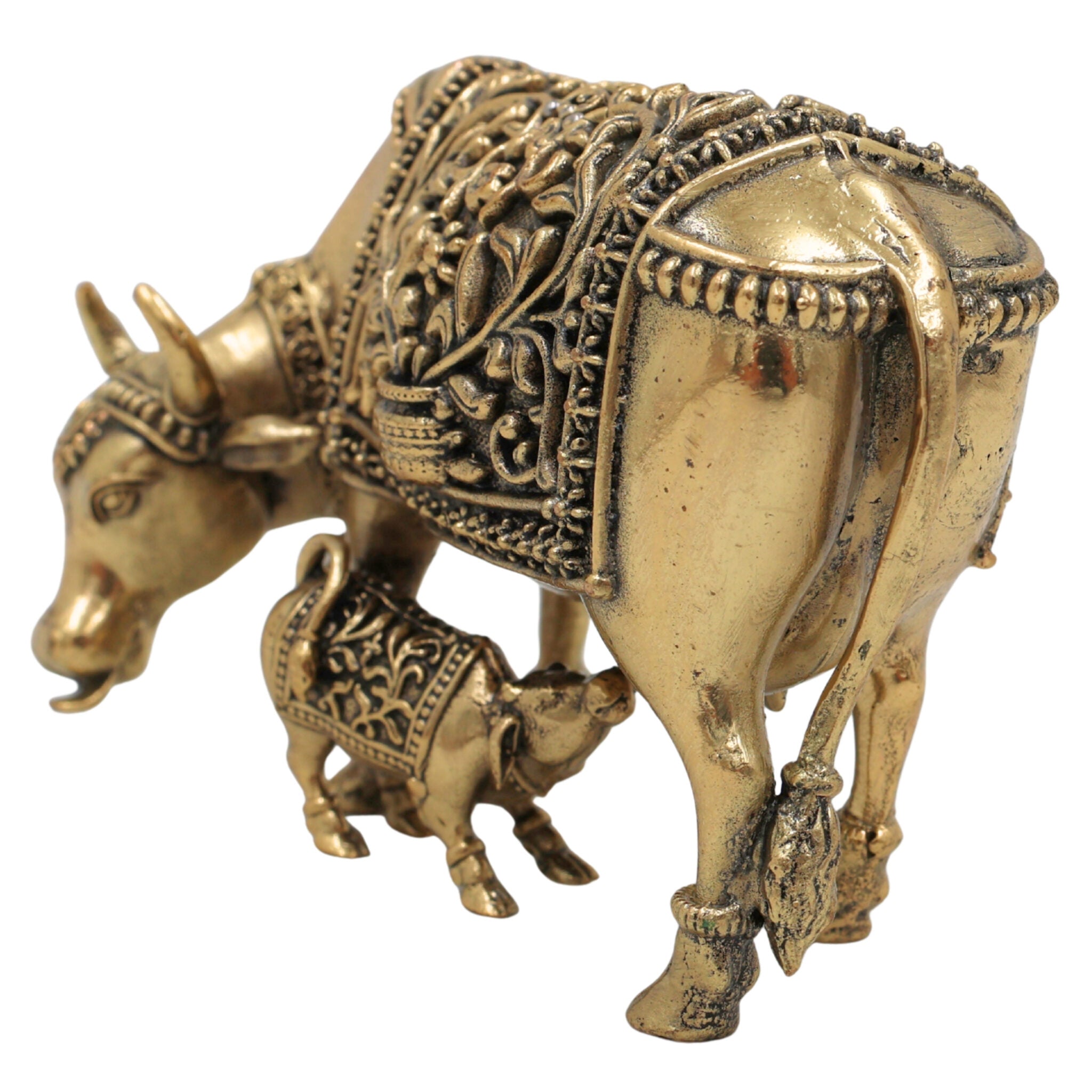 Brass Kamadhenu Idol, Surabhi Cow Murti, Divine Wish-Fulfilling Cow Statue, Gau Mata, Handcrafted Pooja & Home Decor Figurine, Gold, 2.5 Inch, 1 Piece