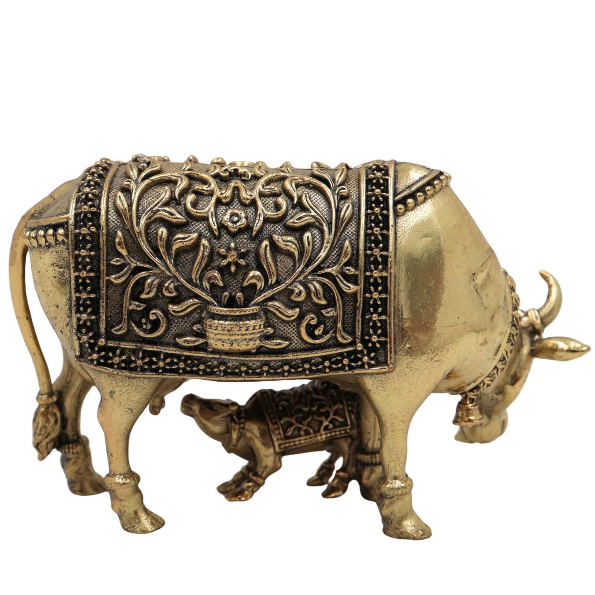 Brass Kamadhenu Idol, Surabhi Cow Murti, Divine Wish-Fulfilling Cow Statue, Gau Mata, Handcrafted Pooja & Home Decor Figurine, Gold, 2.5 Inch, 1 Piece