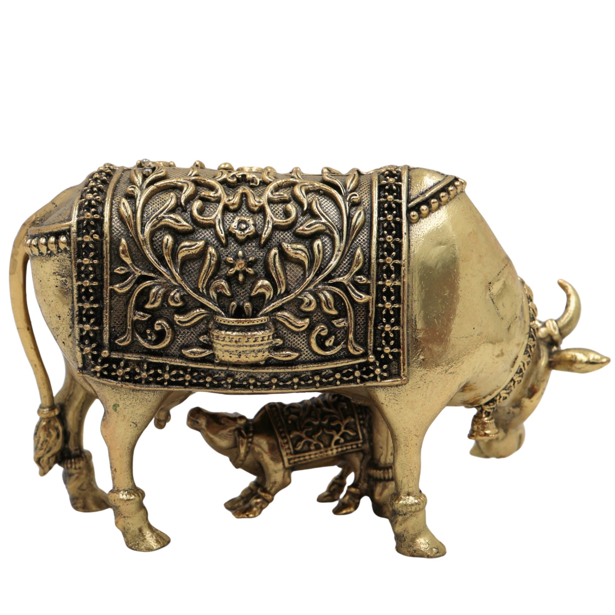 Brass Kamadhenu Idol, Surabhi Cow Murti, Divine Wish-Fulfilling Cow Statue, Gau Mata, Handcrafted Pooja & Home Decor Figurine, Gold, 2.5 Inch, 1 Piece