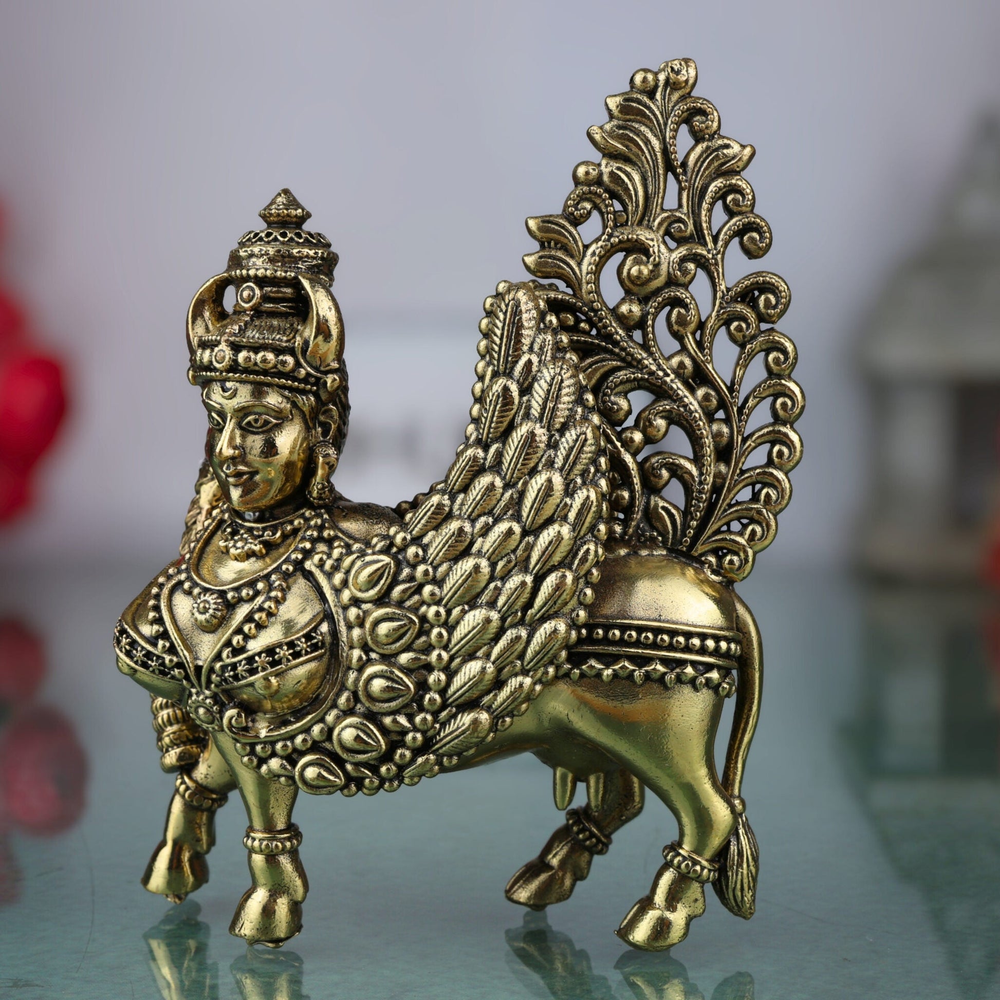 Brass Kamadhenu, Surabhi Cow, Gau Mata Sculpture, Handcrafted Small Kamadenu Statue for Pooja, Home Decor & Gifts, Gold, 4.5 Inch, 1 Piece