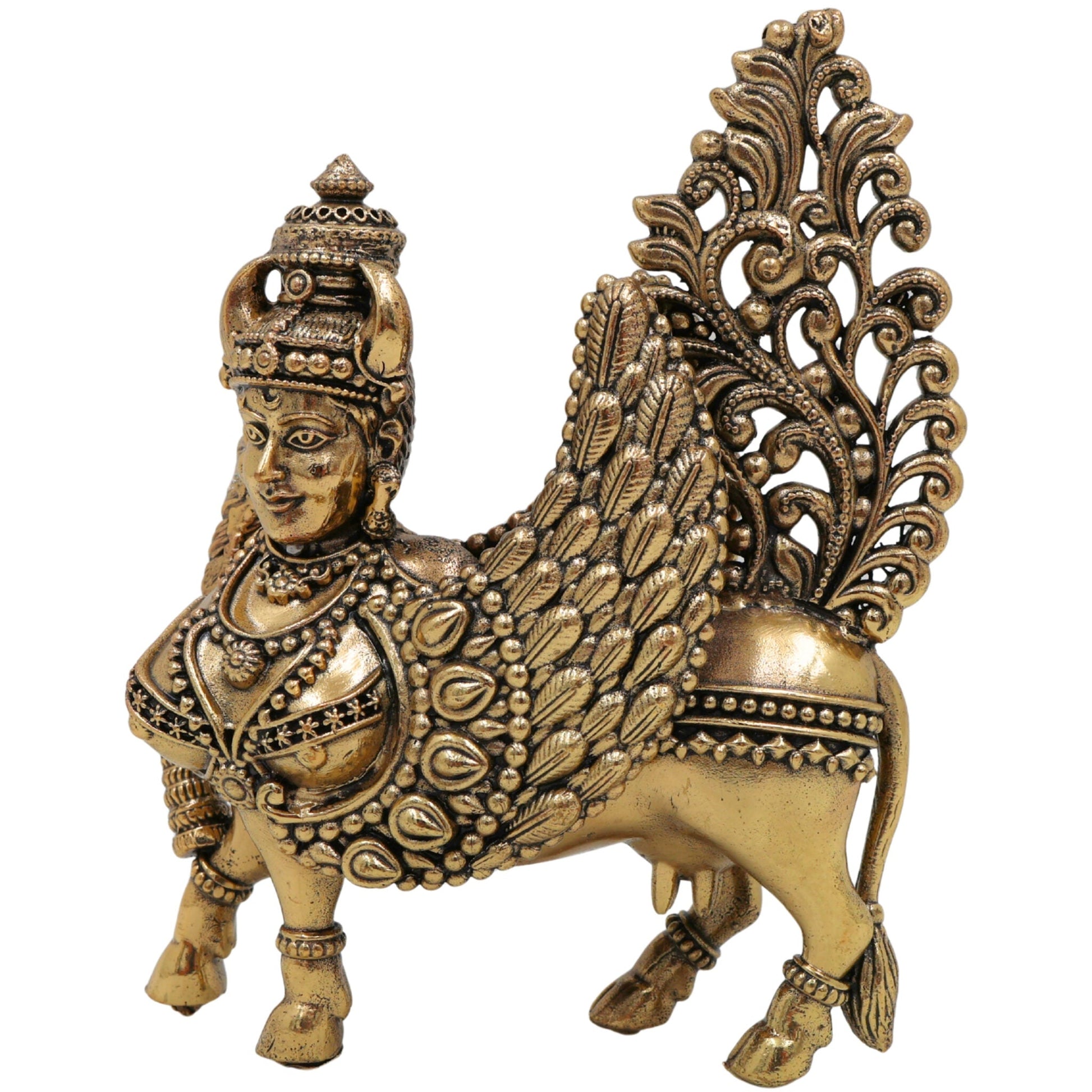 Brass Kamadhenu, Surabhi Cow, Gau Mata Sculpture, Handcrafted Small Kamadenu Statue for Pooja, Home Decor & Gifts, Gold, 4.5 Inch, 1 Piece