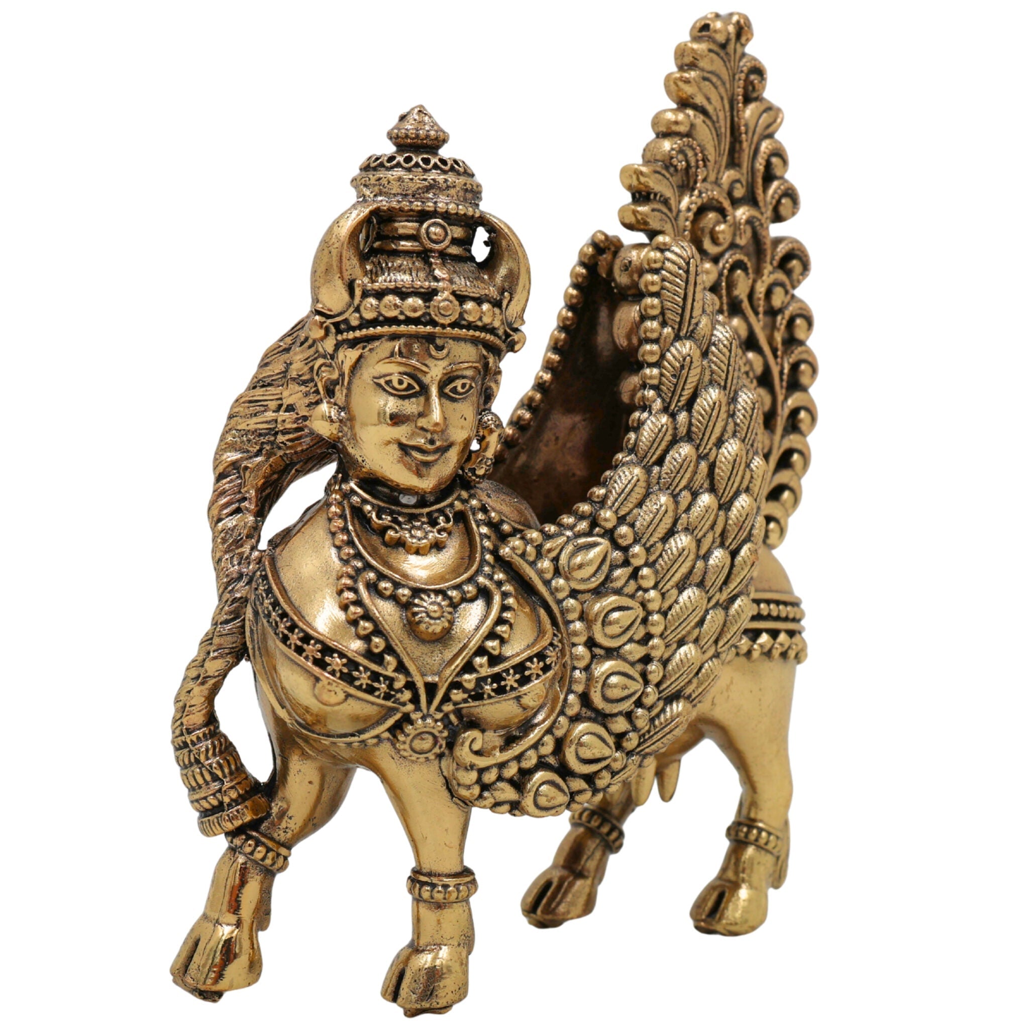 Brass Kamadhenu, Surabhi Cow, Gau Mata Sculpture, Handcrafted Small Kamadenu Statue for Pooja, Home Decor & Gifts, Gold, 4.5 Inch, 1 Piece