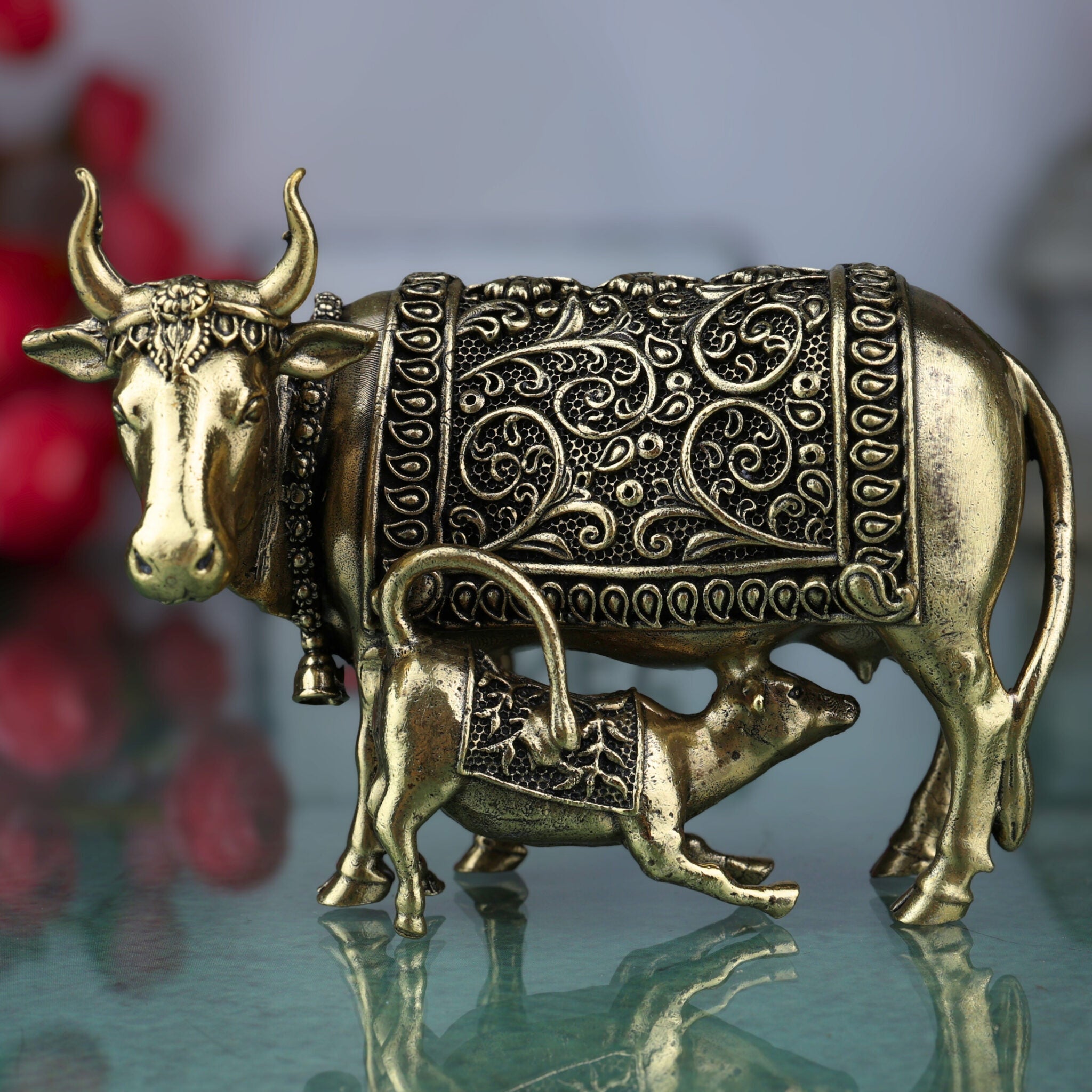 Brass Kamadhenu, Surabhi Cow, Gau Mata Statue, Handcrafted Miniature Pooja Sculpture for Home Decor & Spiritual Blessings, Gold, 3 Inch, 1 Piece