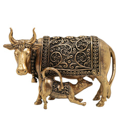 Brass Kamadhenu, Surabhi Cow, Gau Mata Statue, Handcrafted Miniature Pooja Sculpture for Home Decor & Spiritual Blessings, Gold, 3 Inch, 1 Piece