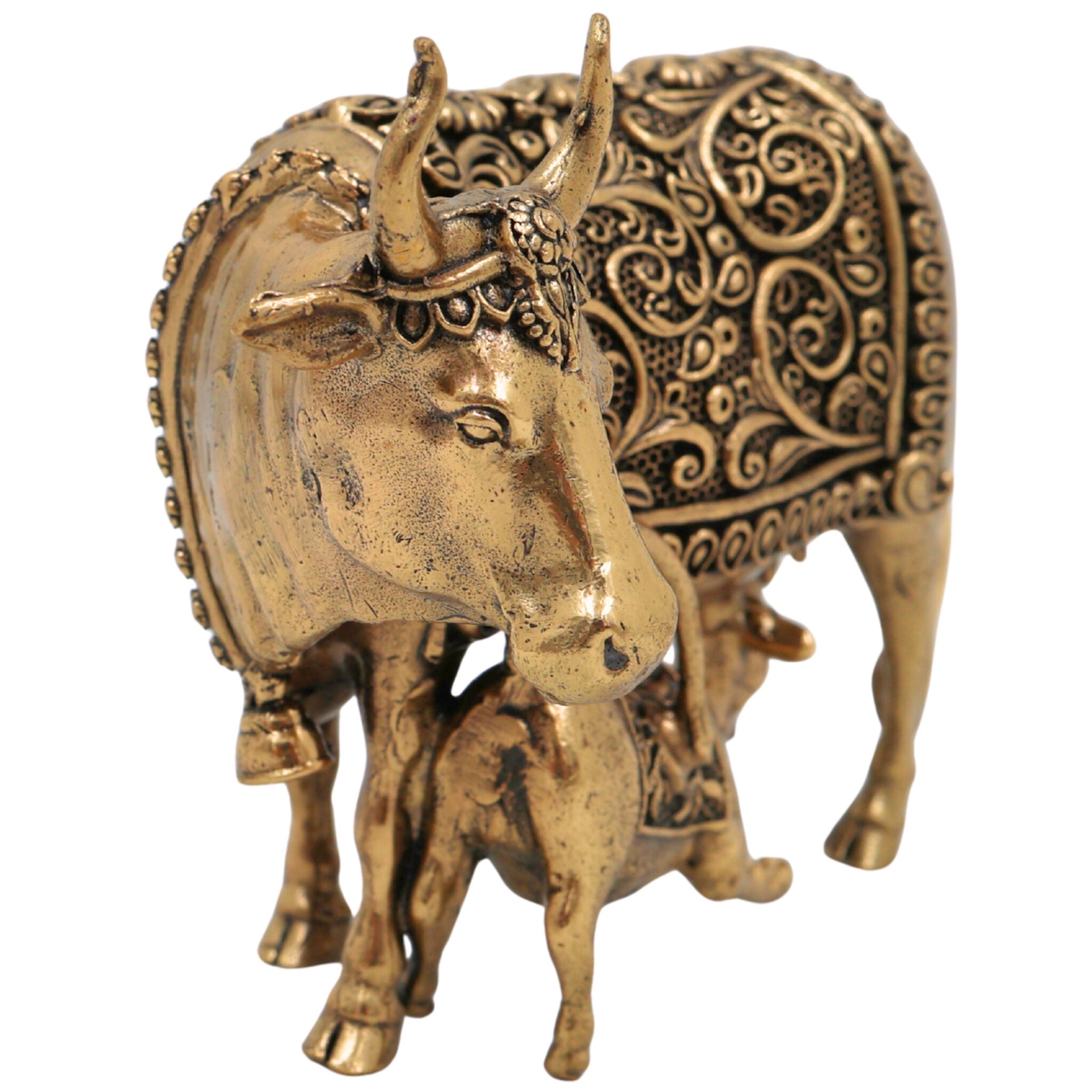 Brass Kamadhenu, Surabhi Cow, Gau Mata Statue, Handcrafted Miniature Pooja Sculpture for Home Decor & Spiritual Blessings, Gold, 3 Inch, 1 Piece