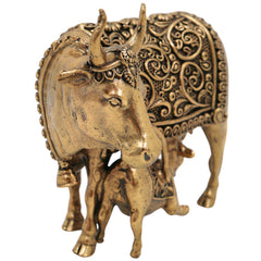 Brass Kamadhenu, Surabhi Cow, Gau Mata Statue, Handcrafted Miniature Pooja Sculpture for Home Decor & Spiritual Blessings, Gold, 3 Inch, 1 Piece